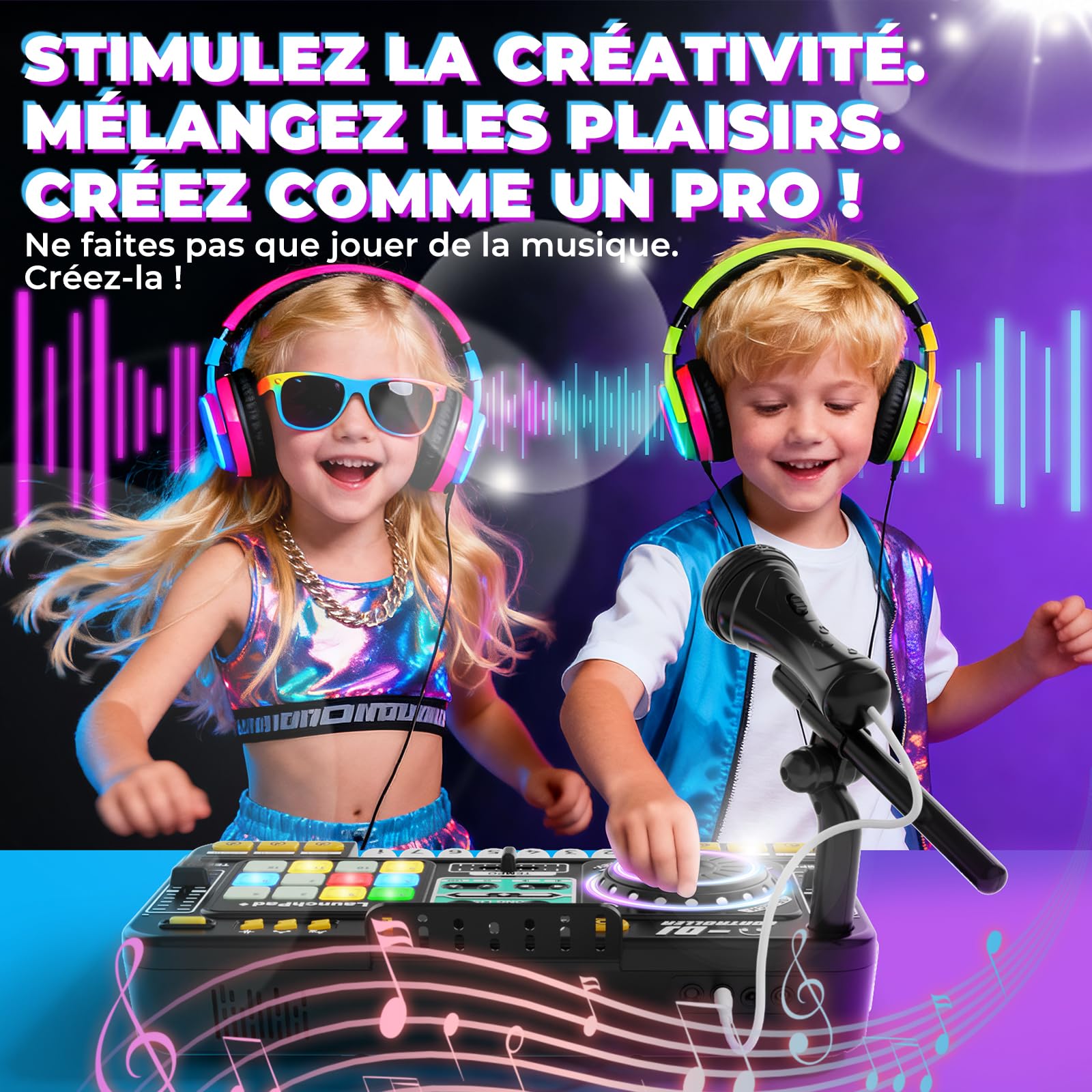 Table de mixage DJ - Pupitre pour enfants de 3 à 10 ans - Contrôleur DJ - Instruments de musique avec microphone - 100 effets sonores - Batterie - Cadeau pour débutants - Garçon et fille - 3, 5, 6, 7