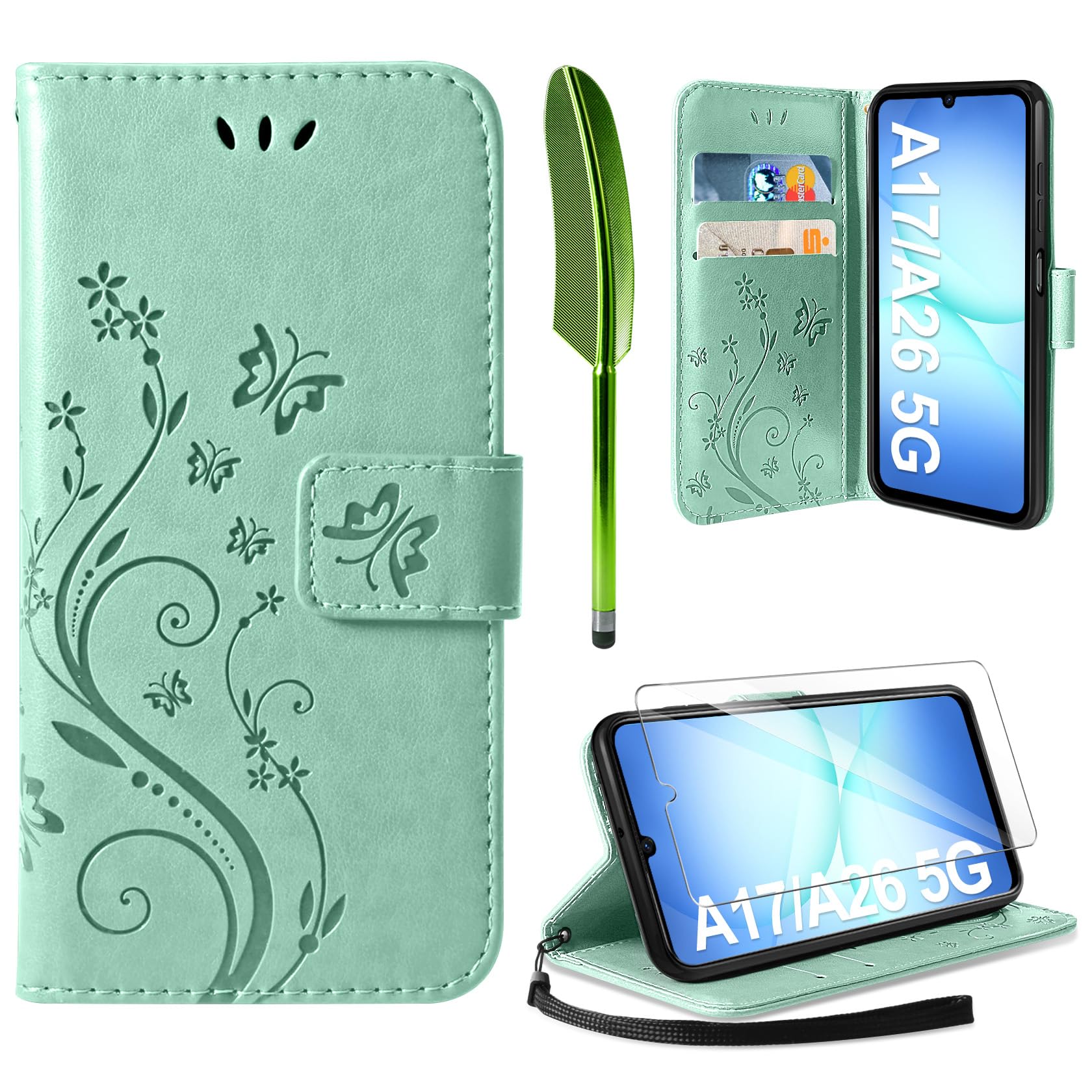AROYI Lederhülle Kompatibel mit Samsung Galaxy A17 5G/A26 5G Hülle und Schutzfolie, Flip Wallet Handyhülle PU Leder Case Schutzhülle Kompatibel mit Samsung Galaxy A17 5G/A26 5G Minzgrün