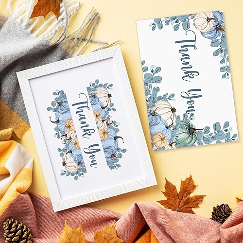 Miniatura 6 de AnyDesign Paquete de 36 tarjetas de agradecimiento de calabaza de otoño, color gris y azul, con calcomanías de sobre, hojas de eucalipto azules