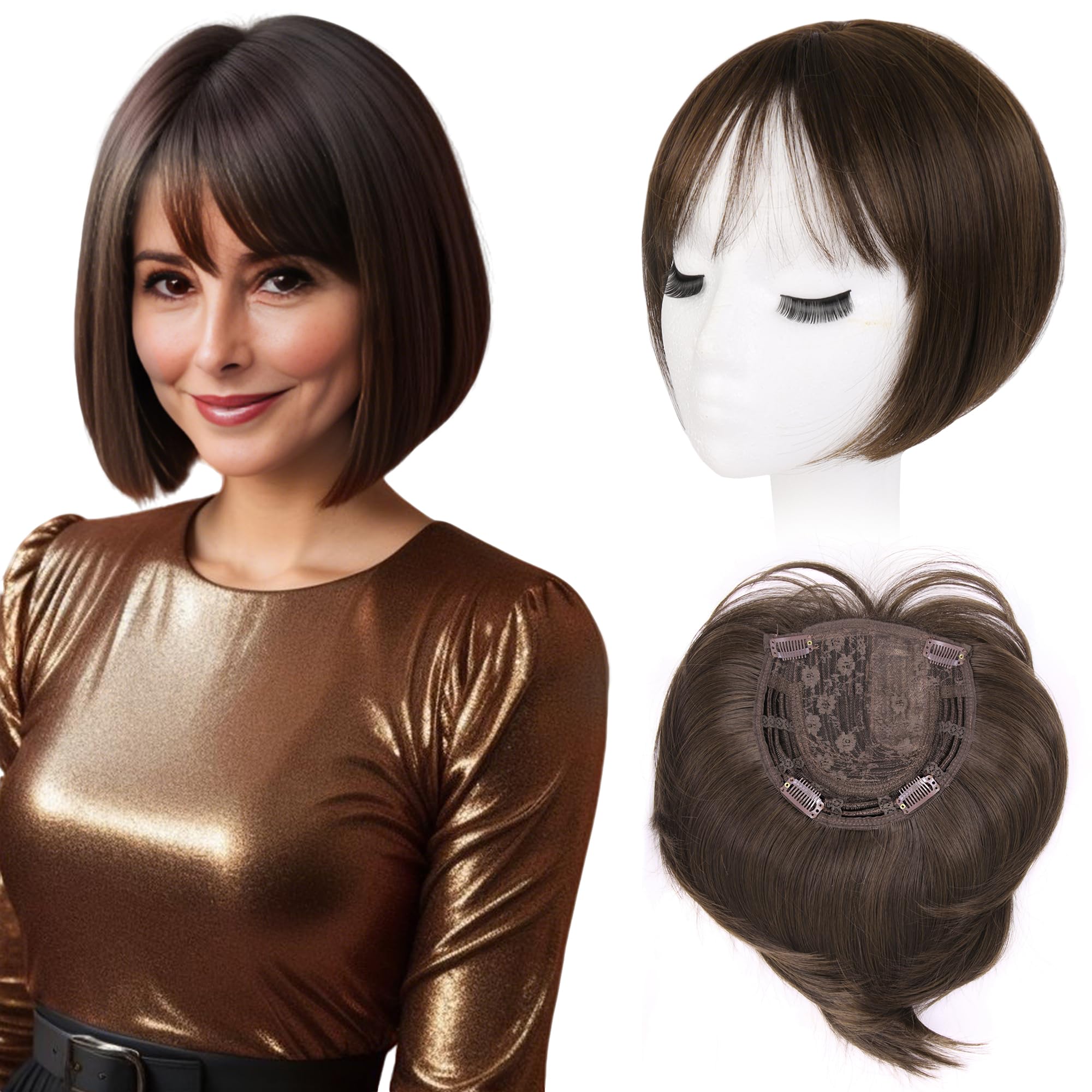 LEEONS Hair Toppers for Women with Bangs Short Bob Synthetic Pieces for Thinning Hair Side Part (Mixed Dark Brown)