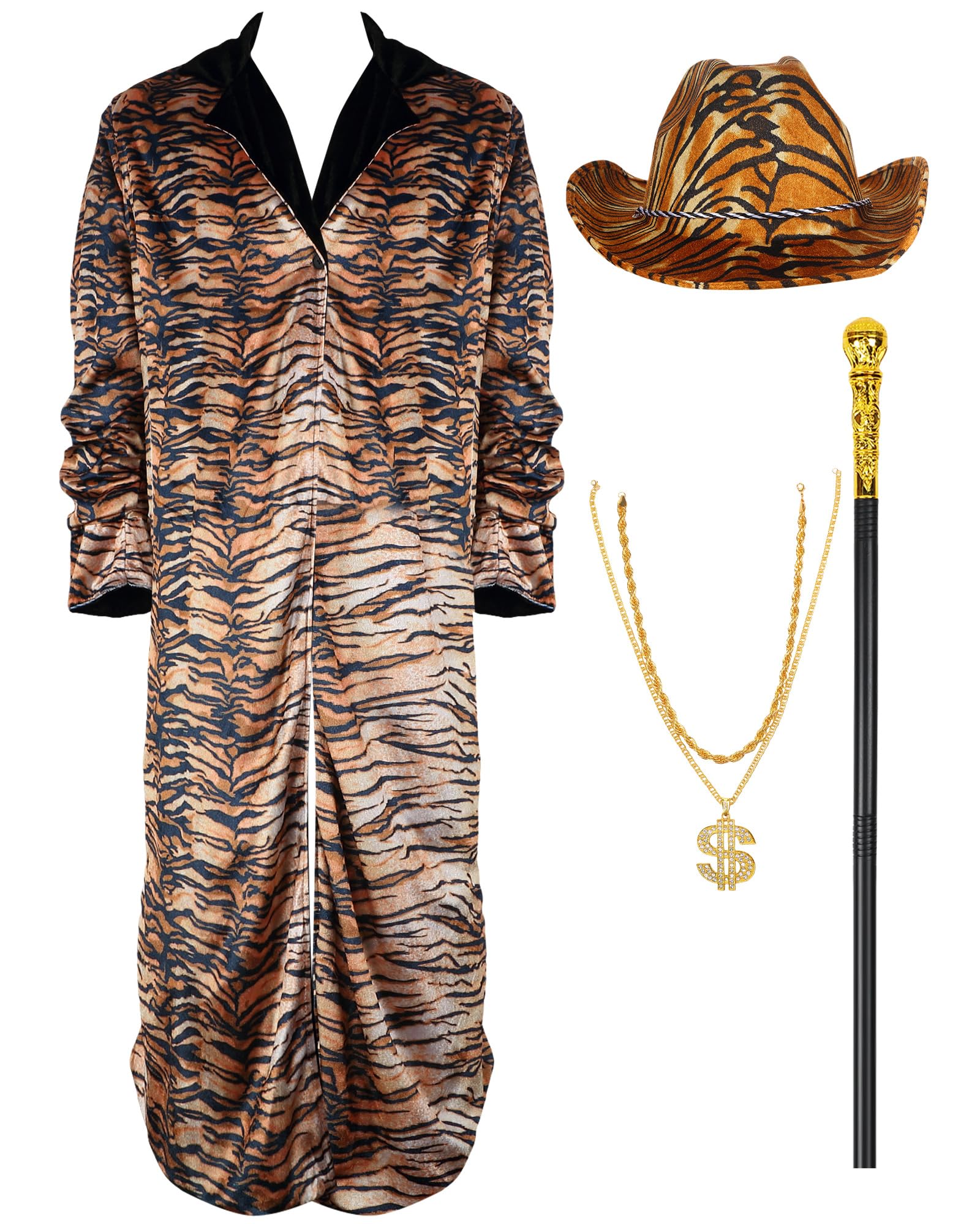 Bonuci 70s 80s Pimp Costume Set Includes Tiger Print Coat Cowboy Hat Walking Cane Gold Chain Dollar Sign Pendant Necklace (X-Large)