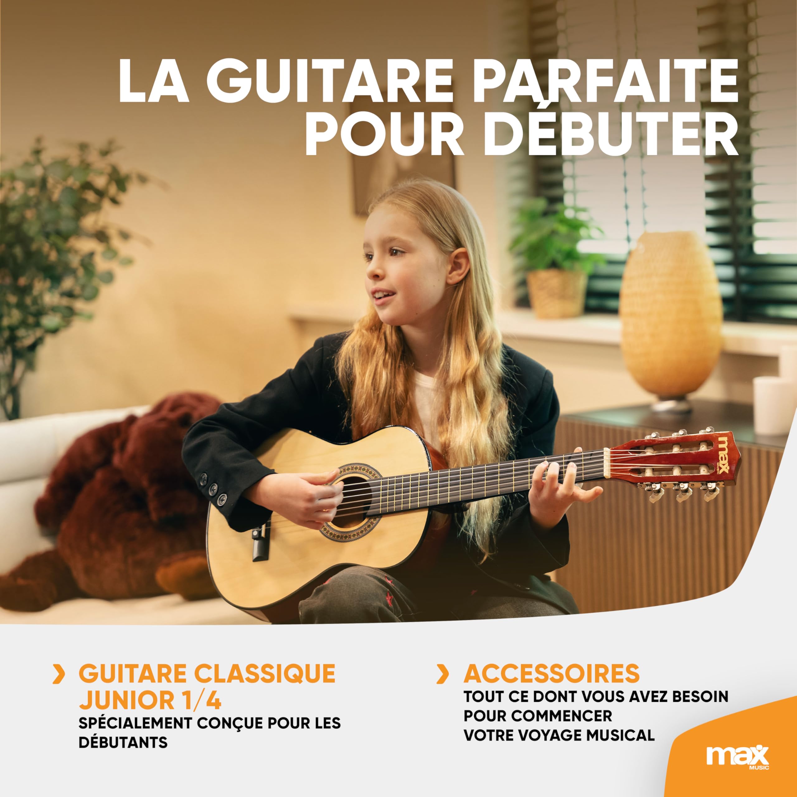Max SoloArt Pack Guitare Classique Junior 1/4 - Bois Naturel Clair, Cordes en Nylon, 4 à 6 ans, Sac de Transport, Médiators, Sangle, un Cadeau pour Enfants Idéal pour Débuter la Guitare
