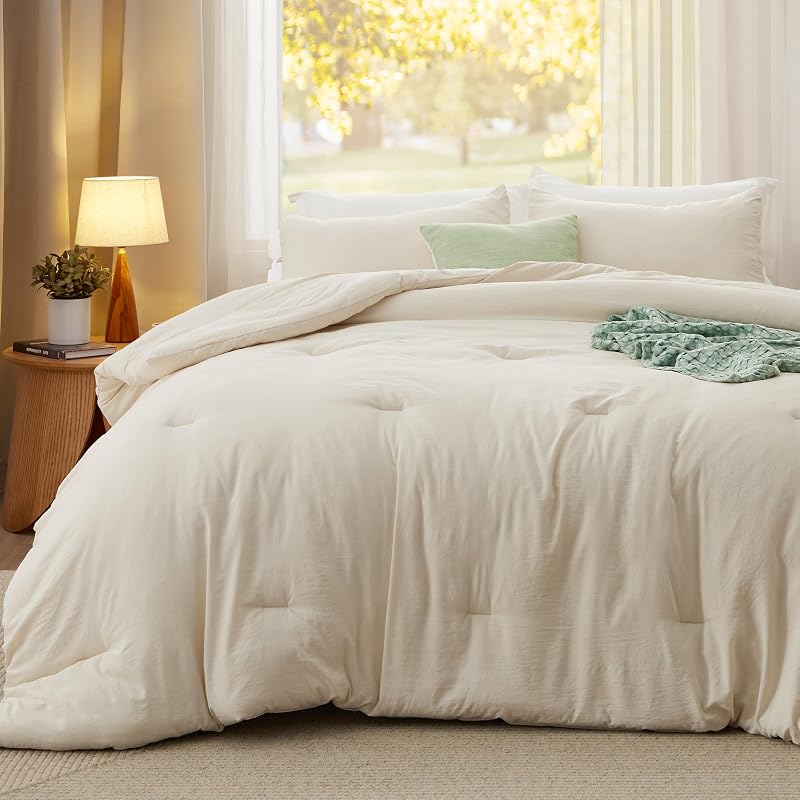 Bedsure Queen Comforter Set Prewashed Soft Bedding Set 3Pcs Cream 90"x90" image 2