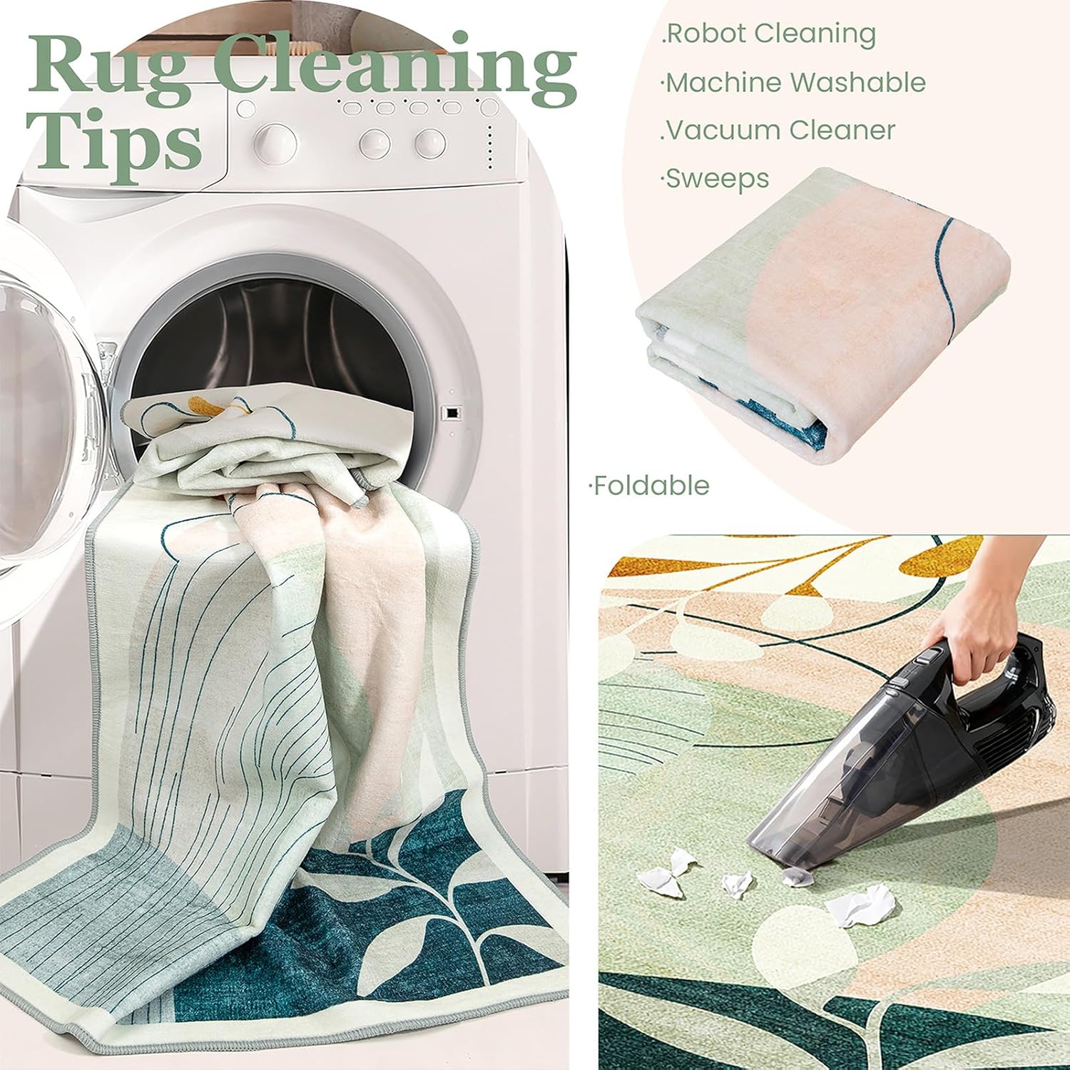 MUJOO Washable 2x6 Runner Rugs for Kitchen Hallway Bedside Bathroom Laundry Room Bedroom Floor,Boho Long Area Rug Non Slip Carpet Throw Rug Mid Century Modern Abstract Botanical Geometric Green