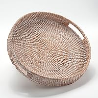 DECRAFTS Round Rattan Serving Tray with Handles - Whitewash Woven Ottoman Coffee Table Tray, Small 11.8 Inch Decorative Serving Basket