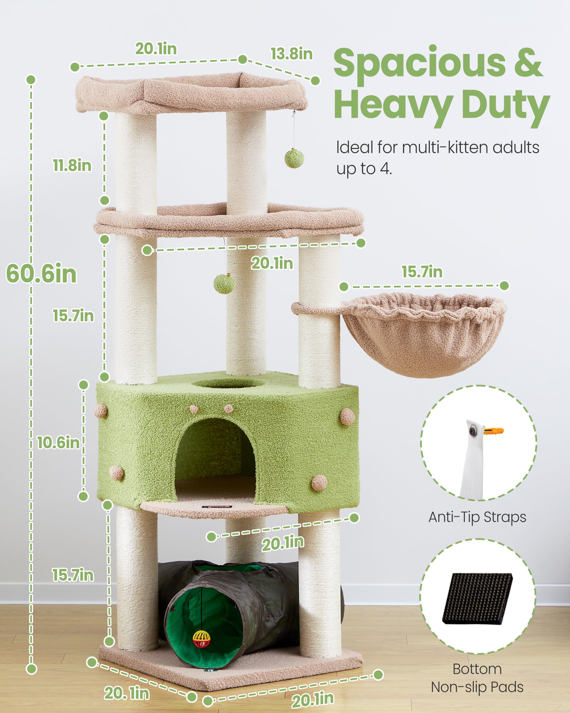 Heavy Duty Cat Tree for Large Cats Adult - 60 Inch XXL Sturdy Cat Tower Condo with Extra Wide Scratching Posts (&phi;4.4in) Big Cat House Hammock Perch - Indoor Wood Modern Multi Level Corner Cat Bed - image 7