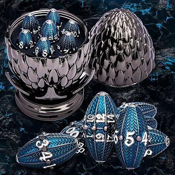 ARUOHHA DND Metal Dice Black Blue Dragons Egg Dice مع Rotating Dragon Egg Shell، متوافق مع لعبة لعب الأدوار D&D RPG، مجموعة النرد Dungeons Polyhedral D وD D20 D12 D10 D8 D6 D4