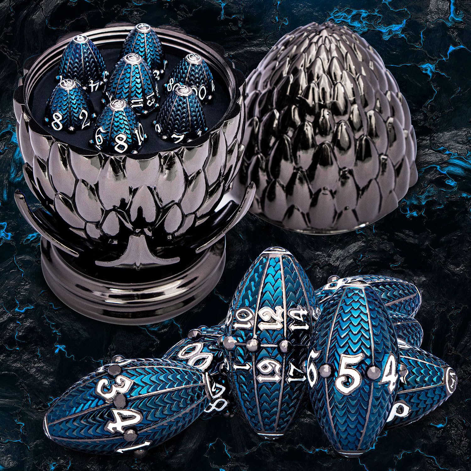 ARUOHHA DND Metal Dragons Dice Black Blue Dragon Egg Dice with Rotating Dragon Egg Shell, Role Playing Game, Polyhedral Dungeons D and D Dice Set D20 D12 D10 D8 D6 D4
