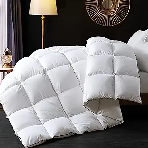 Ubauba Goose Feather Down Fiber Comforter Queen Size Duvet Insert - Hotel Luxury Fluffy White Bedding Comforter, All Season Medium Warmth -100% Cotton Cover, 90 x 90 Inch