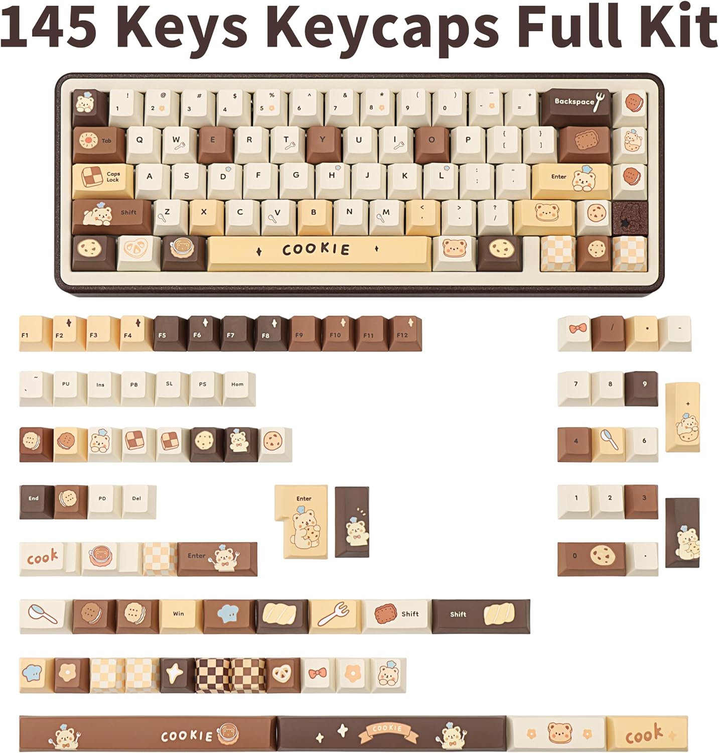 Brown White PBT Keycaps, Cute Custom Keyboard Keycaps 60 75 100%, Dye Sublimation Kawaii Anime Keycap, 145 Keys Set for Cherry Gateron MX Switches