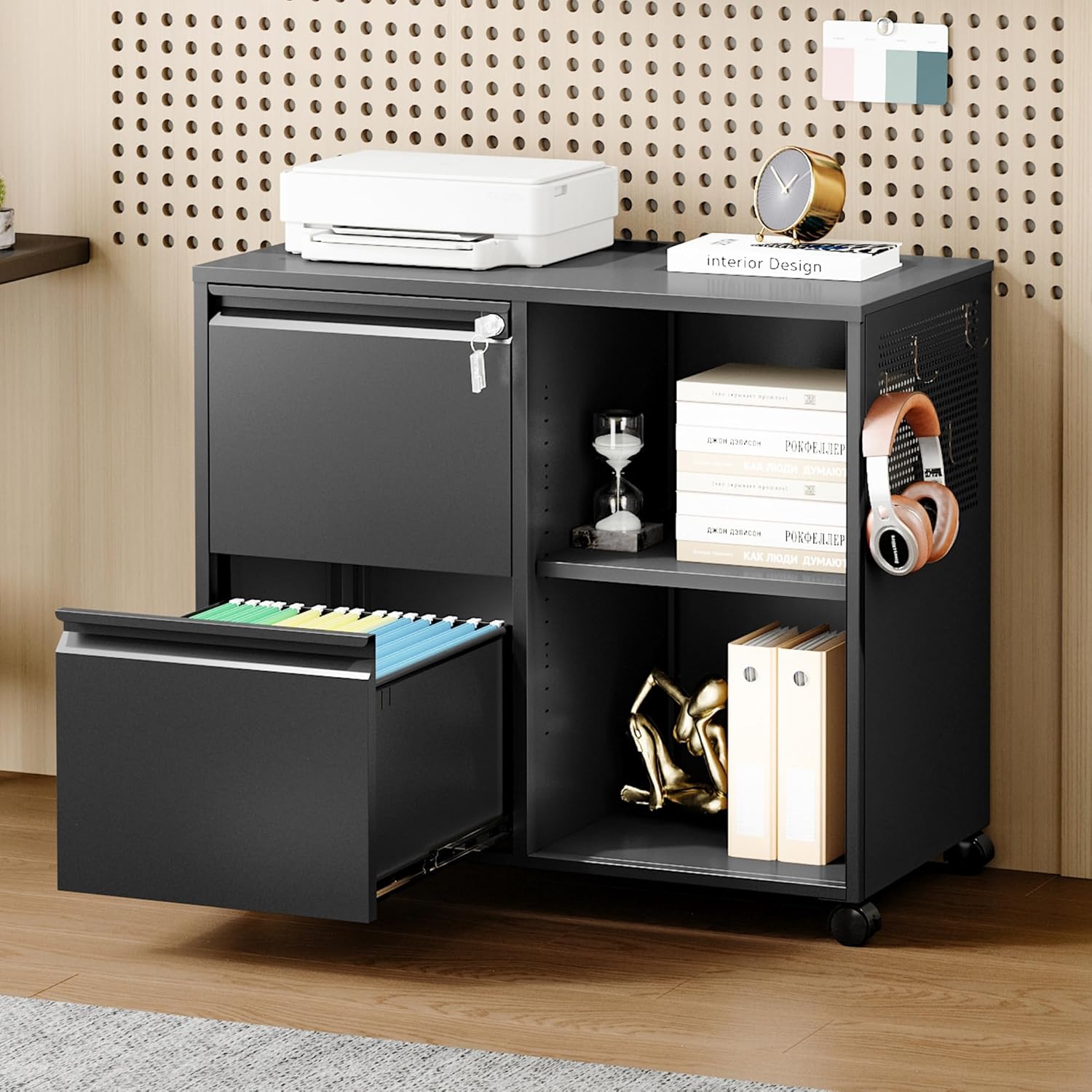 Mobile Lateral File Cabinet with Side Hook, 2 Drawer File Cabinet with Lock fits A4/Letters/Legal Size for Home Office,Metal Rolling Printer Stand with Open Storage Adjustable Shelves(Black)
