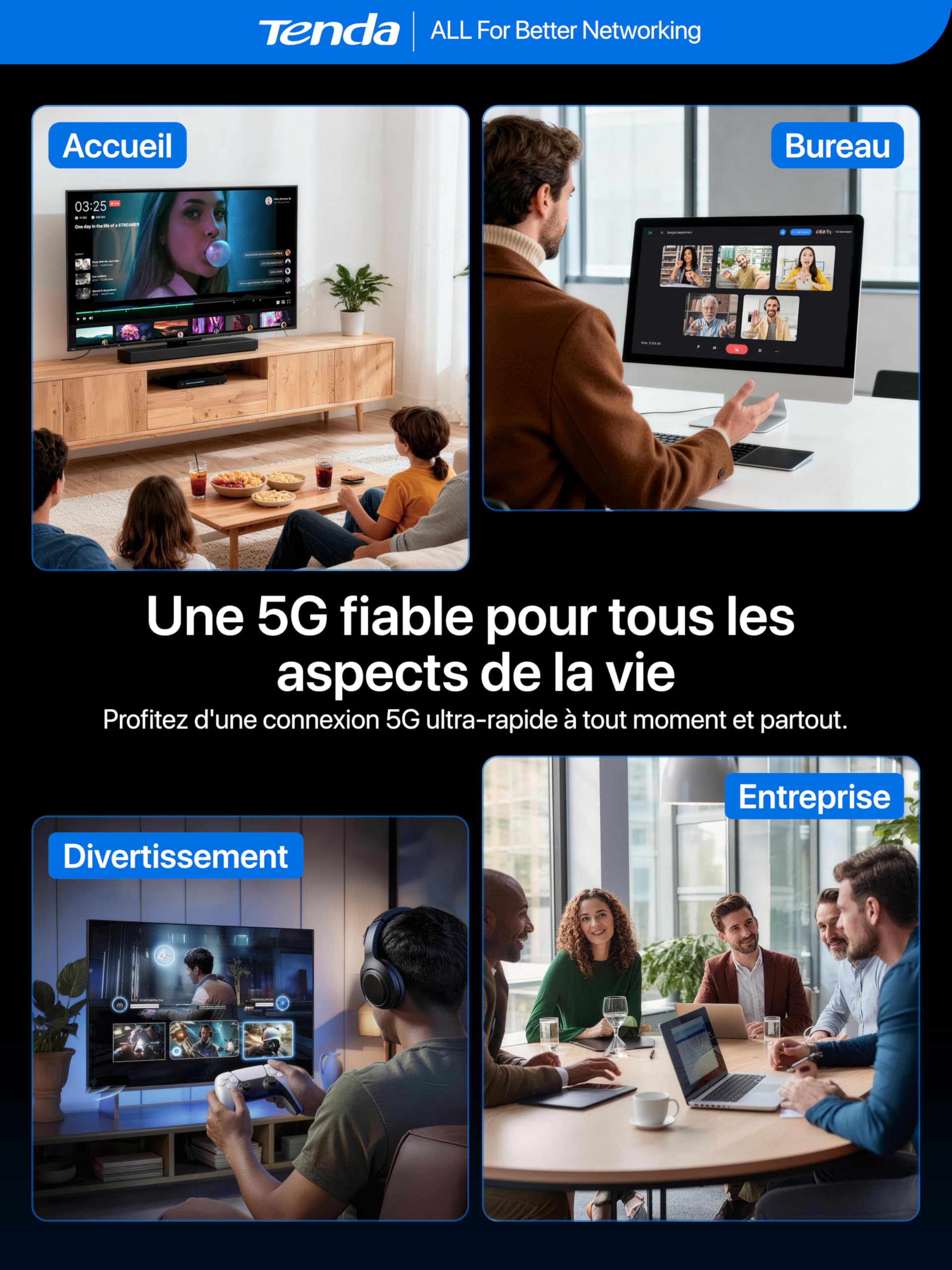 Tenda 5G06 Routeur 5G Double SIM Basculement Automatique, AX3000 Bi-Bande WiFi 6, 2.5G LAN/WAN Port, Box 5G Mesh WiFi+, VPN & WPA3, Plug-and-Play