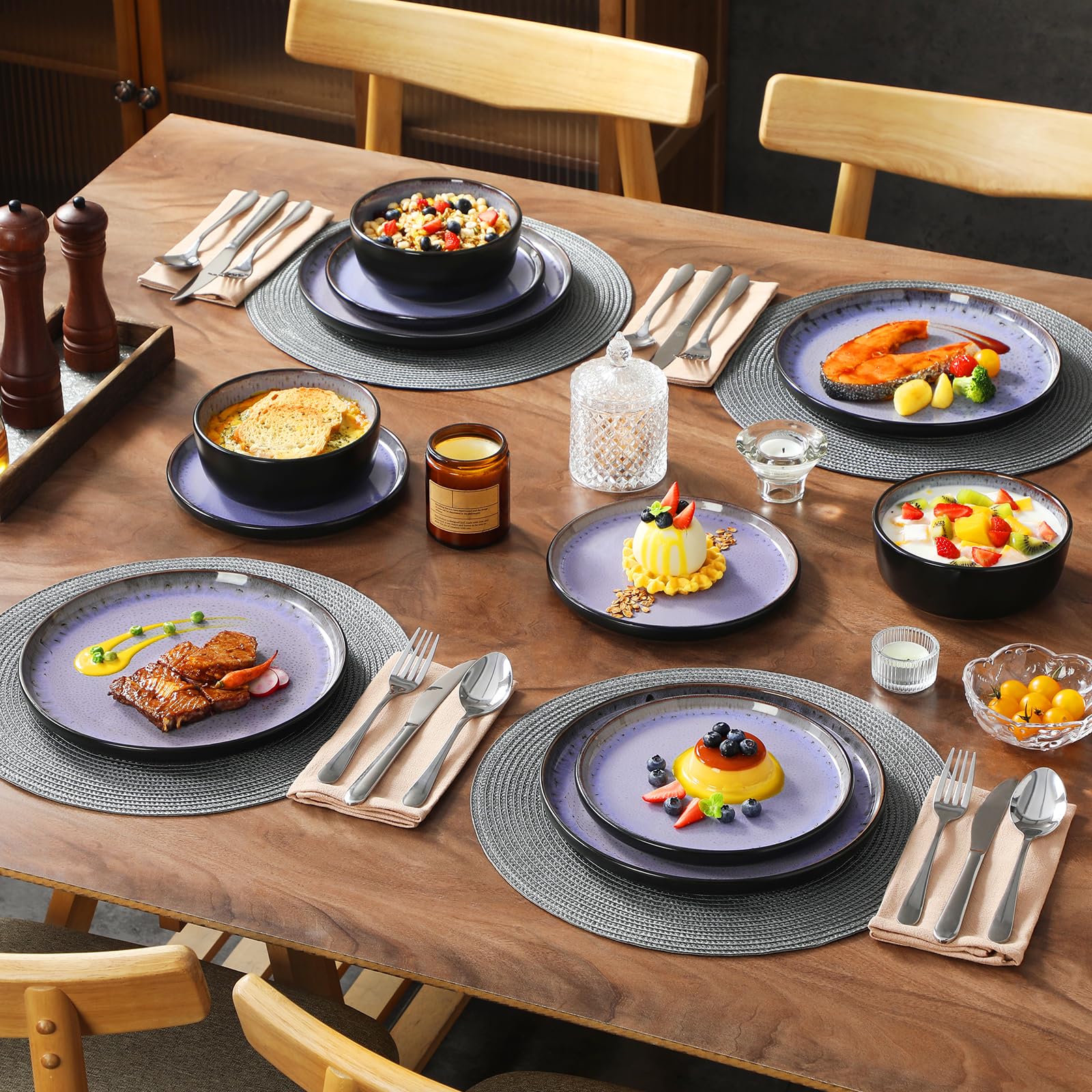Vancasso AMBER Steingut Geschirrset 6 Personen 18tlg, Tafelservice mit Speiseteller, Dessertteller, Schüssel, Reaktive Glasur, Spülmaschinenfest, Abendviolett