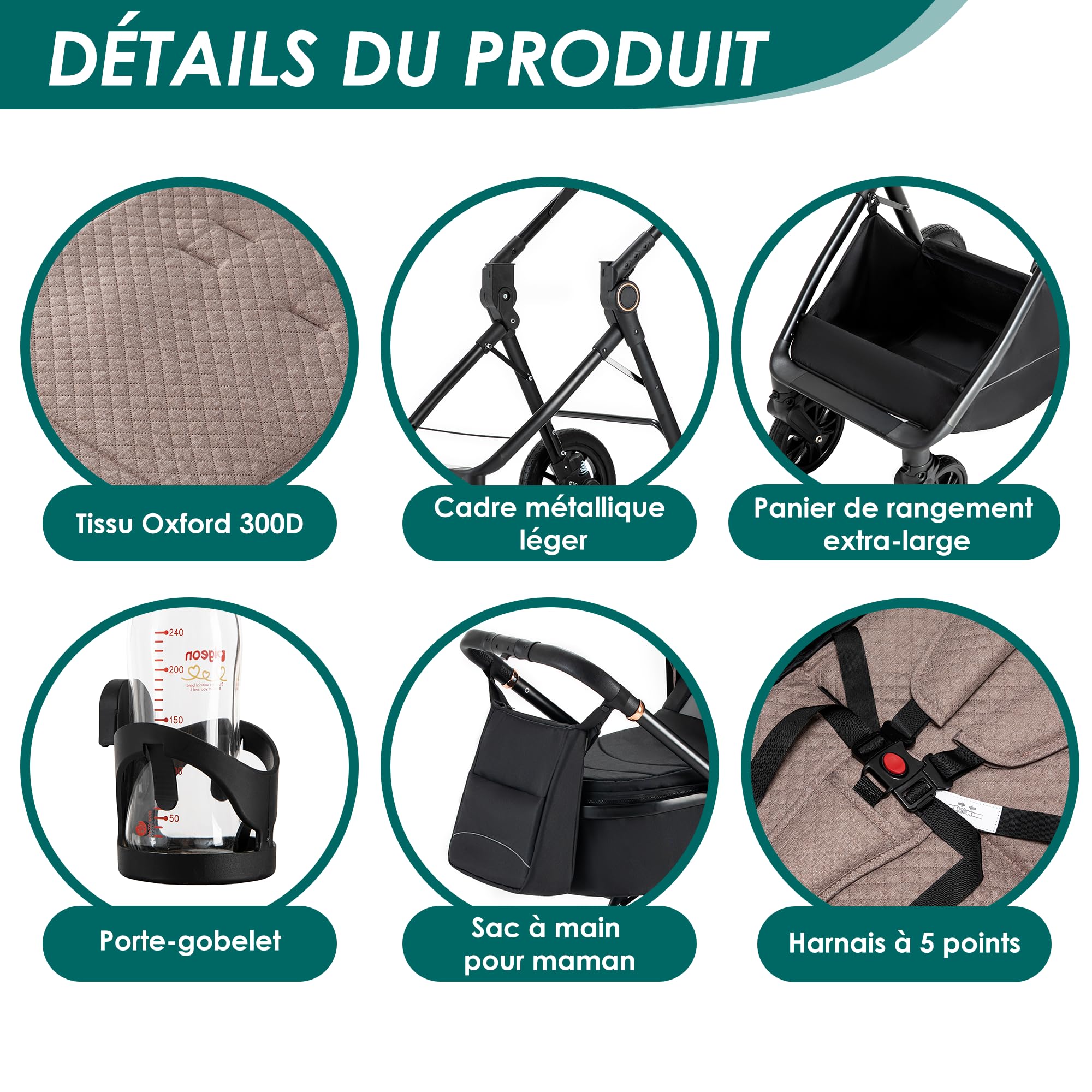 Poussette 3 en 1 Siège Auto Léger Bébé Pliable 0-36 Mois Kaki