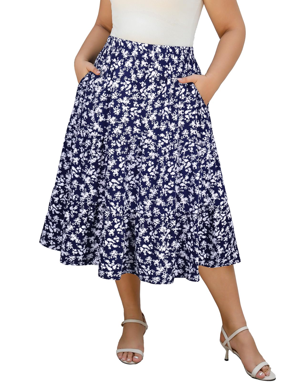 Younrui Women's Plus Size Casual Summer Midi Skirt with Pockets 1X-4X Tiered Lightweight Crinkle Fabric A-line Skirts