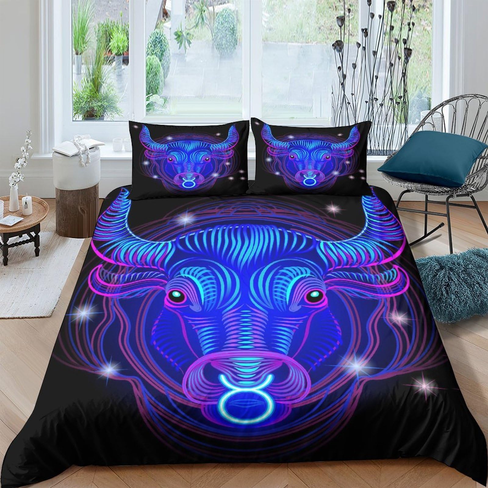 GPLZQXKJNH 3D Printed Neon Bull Duvet Cover Microfiber Soft Breathable Psychedelic Animal Bedding Set with 2 Pillowcases for Bedroom Decor Single（135x200cm）