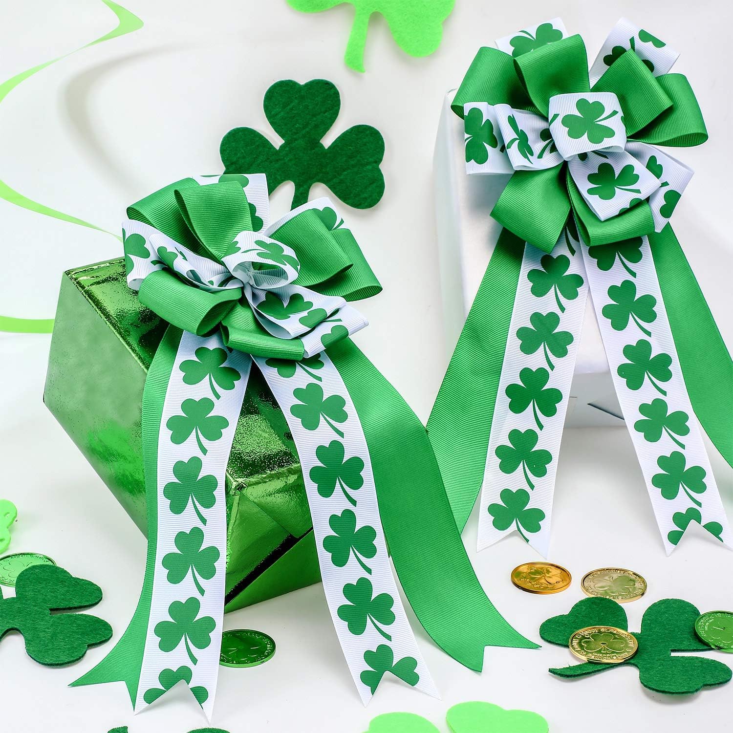 WILLBOND 6 Pcs St. Patrick's Day Wreath Bow Green Shamrock Satin Bow Gift, Clover Irish Holiday Ornament for Saint Patrick's Day Party Decor Door Wall Porch Indoor Outdoor Decoration - Image 6