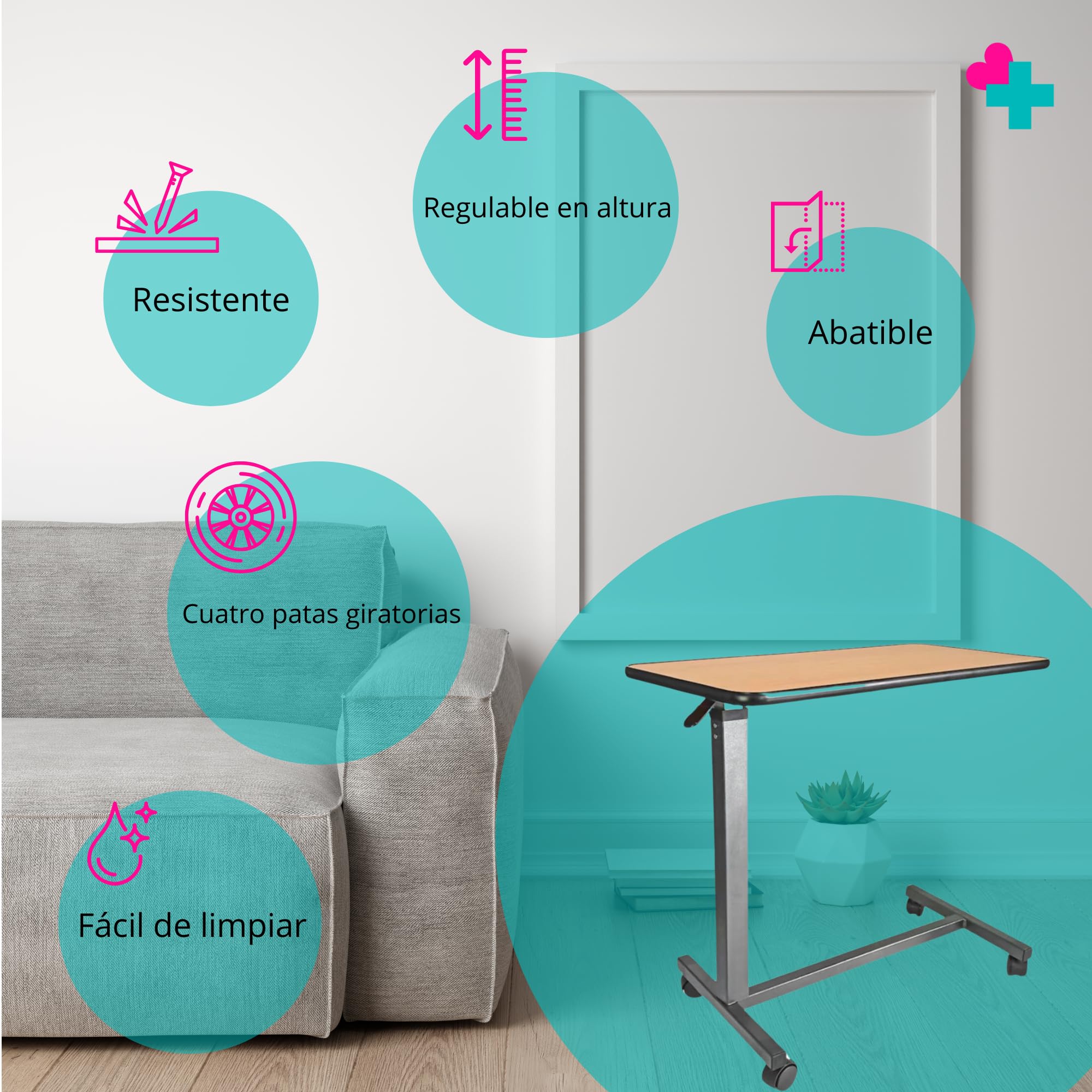 Mesa Auxiliar Regulable con Ruedas y Frenos | Mesa Plegable para Cama, Sofá y Sillón | Altura Ajustable 70-141 cm | Tablero 60x40 cm | Mesa Portátil para Lectura, Comer, Ordenador y Teletrabajo