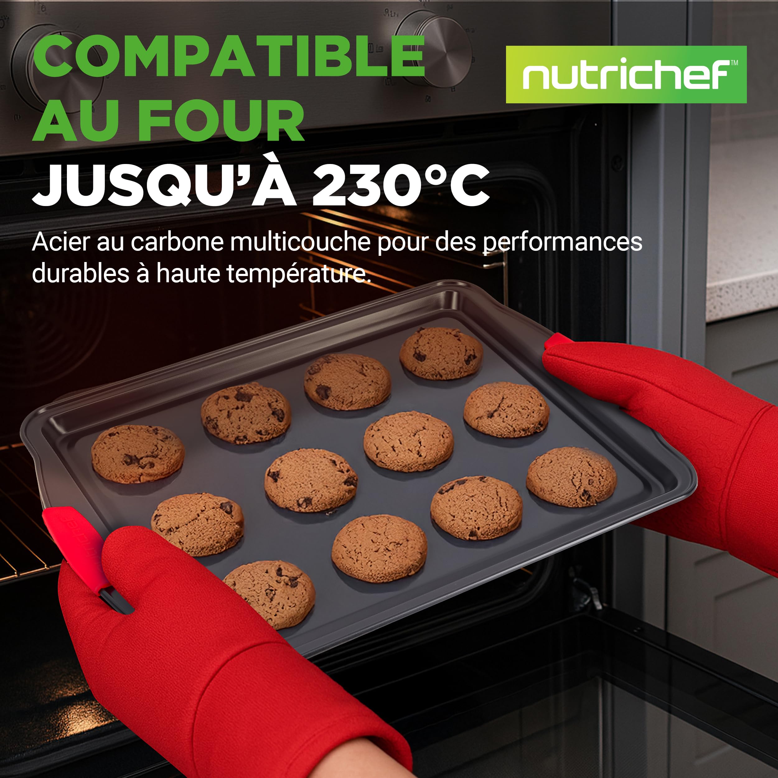 NutriChef Lot de 3 Grandes Plaques à Cookies – Antiadhésives, Empilables, Anses Silicone, 230 °C, Distribution Thermique Uniforme, Noir