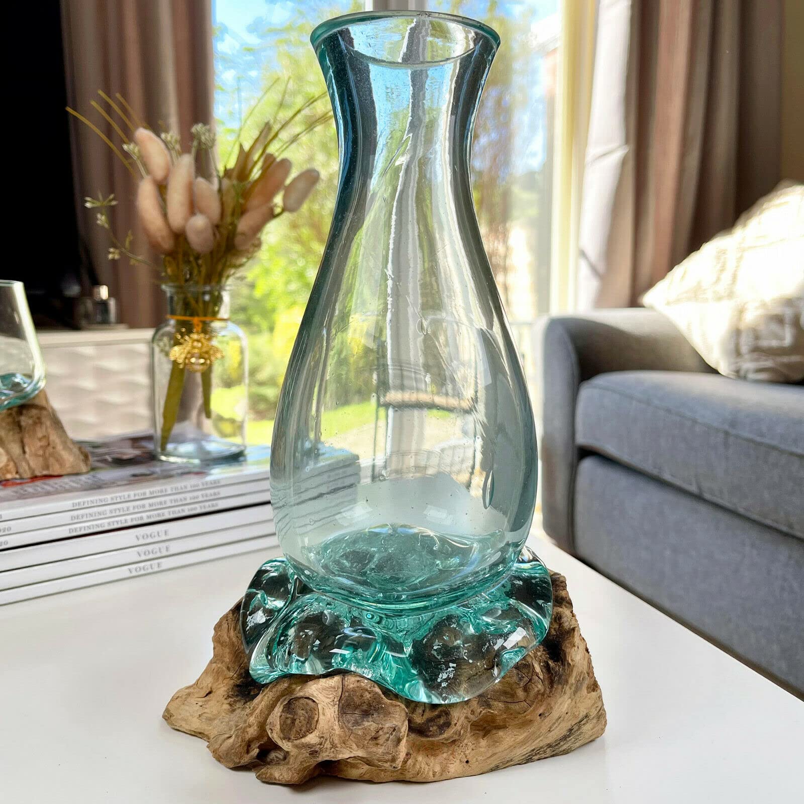 Darthome Brown 24Cm Molten Glass Vase On Driftwood Stand Hand Carved Blown Flower Holder Large