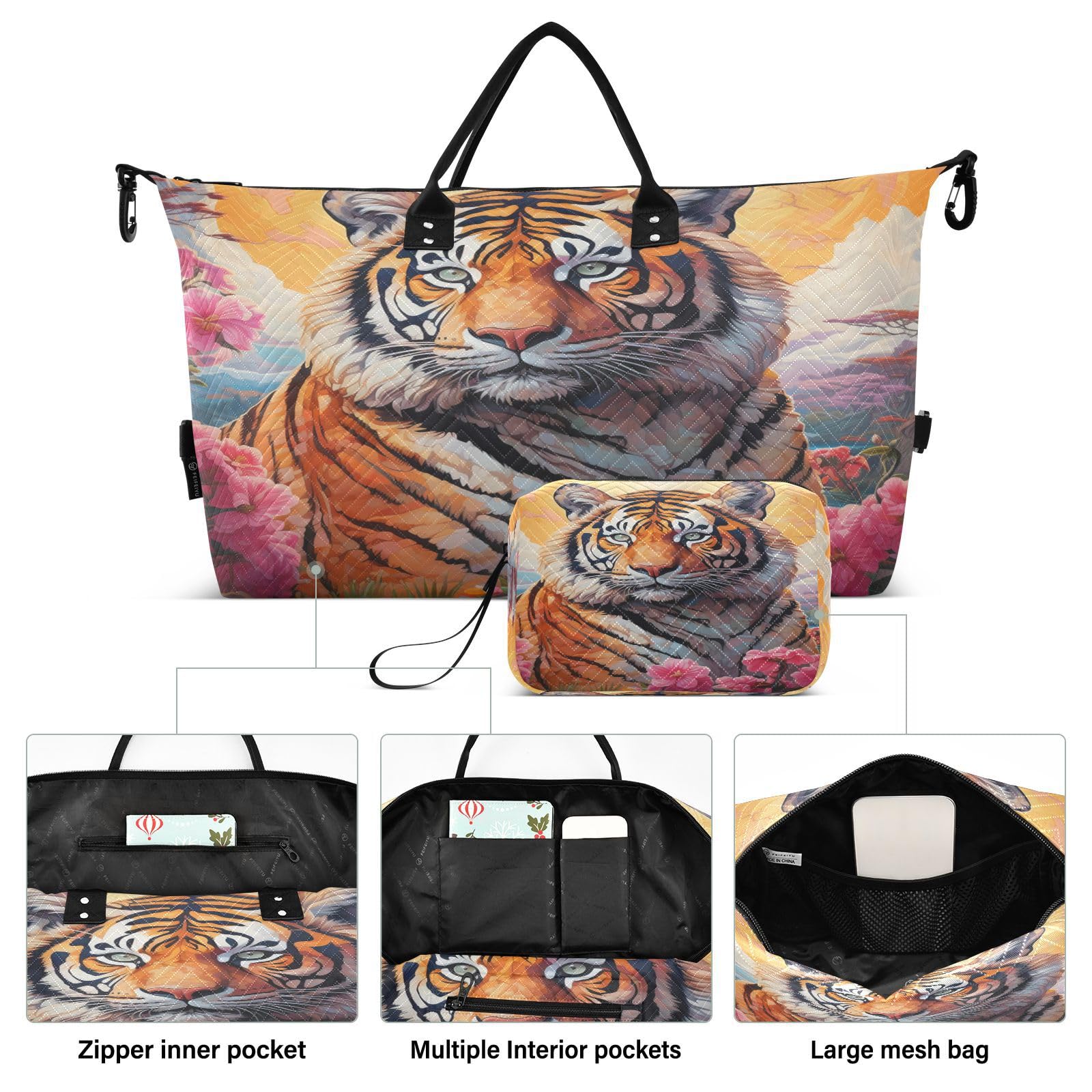 Flower Pattern Tiger Sports Swim Gym Bag Weekender Duffel Travel Bags Handbag with Makeup Storage Bag for Girls Men
