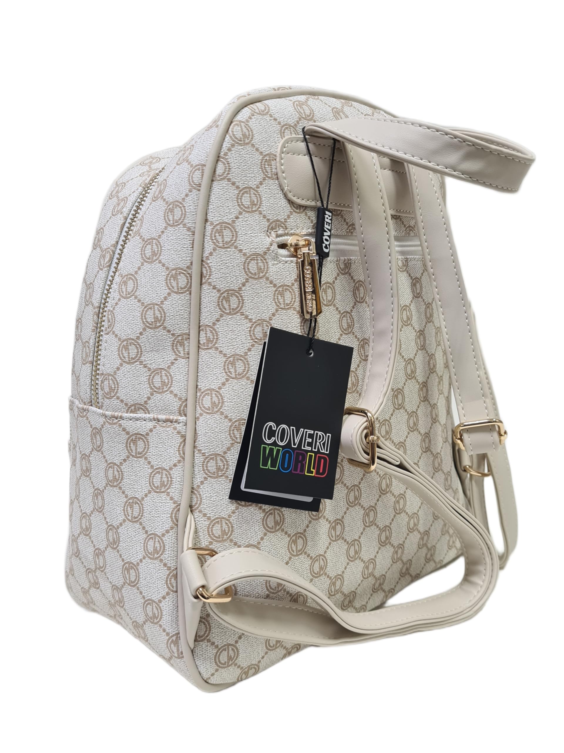 COVERI COLLECTION Zaino Donna Elegante, Stampa Logo Monogram, Pelle Sintetica, Dimensioni 28x12x32 cm, Due Tasche Frontali e Una posteriore, Tracolle Regolabile, Art. 4067 (BEIGE)