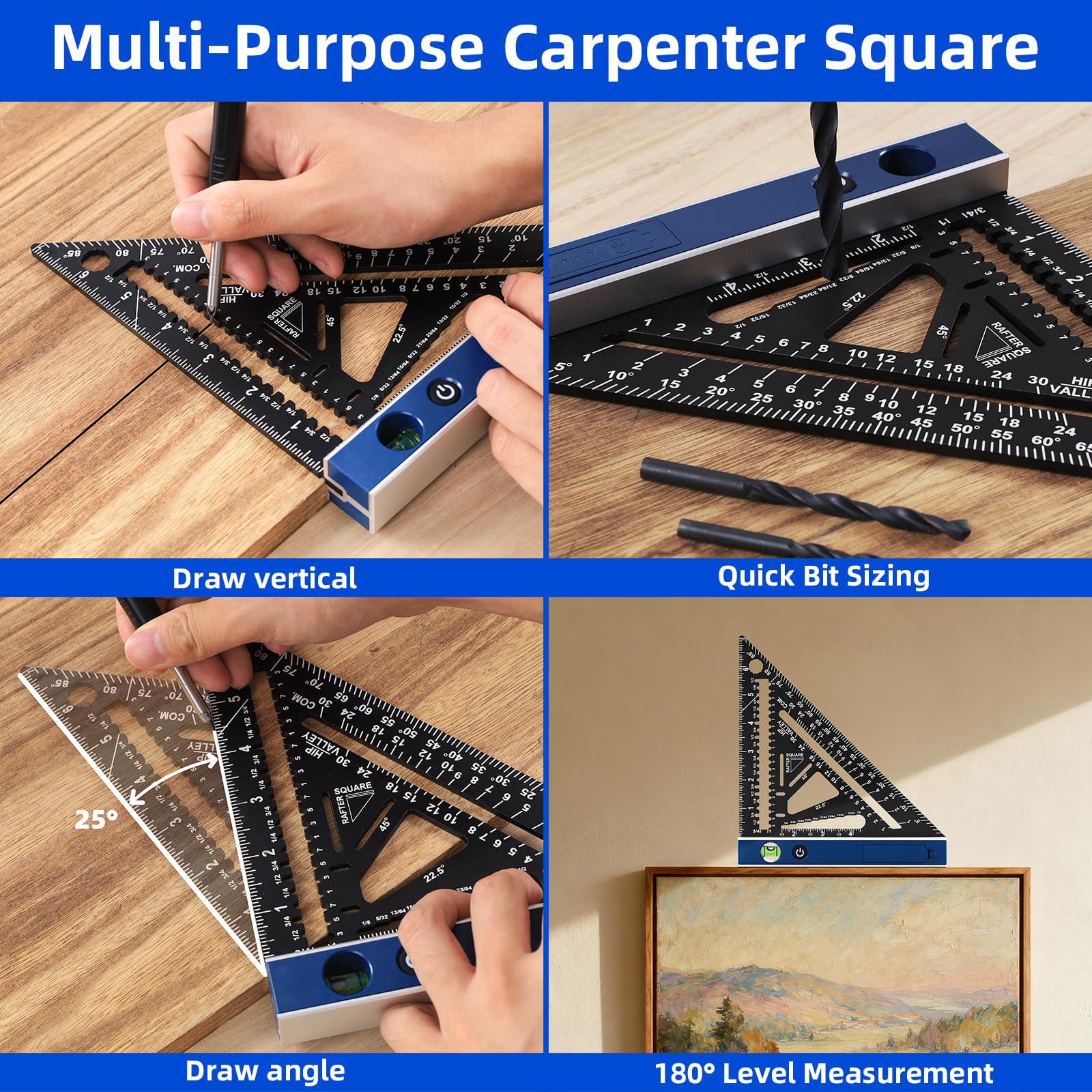 Viga cuadrada de 7 pulgadas con vial de nivel iluminado, regla triangular de aluminio multiusos resistente con lápiz de carpintero para carpintería y bricolaje en el hogar
