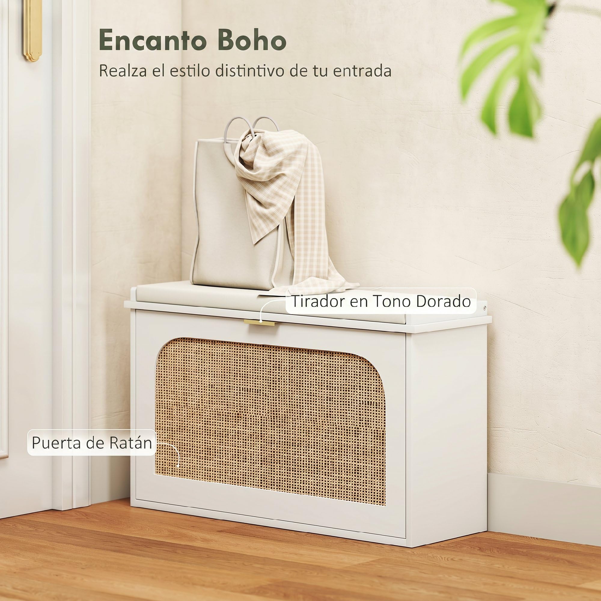 HOMCOM Banco Zapatero Boho con Asiento Acolchado 80x26x47,5 cm Blanco | Banco Recibidor Estrecho, Puerta de Ratán, Cajón Abatible, Estante Ajustable, para 8 Pares de Zapatos