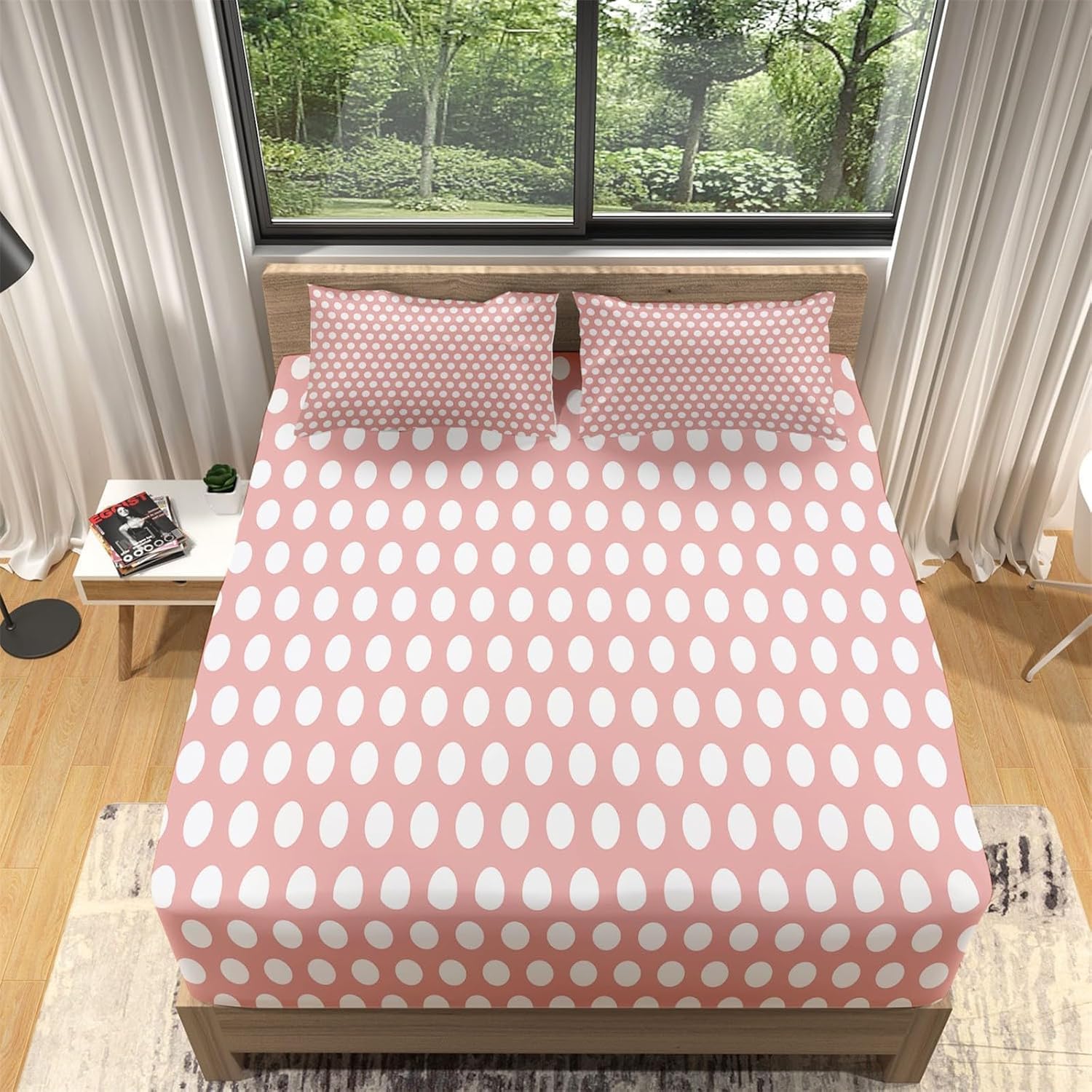 Sábana Bajera Ajustable 180x200 Lunares Sábanas de Microfibra Rosa Funda de Colchón Sábana con Elástica Bolsillo Profundo 30 cm Sabanas Cama 180 XCW3864