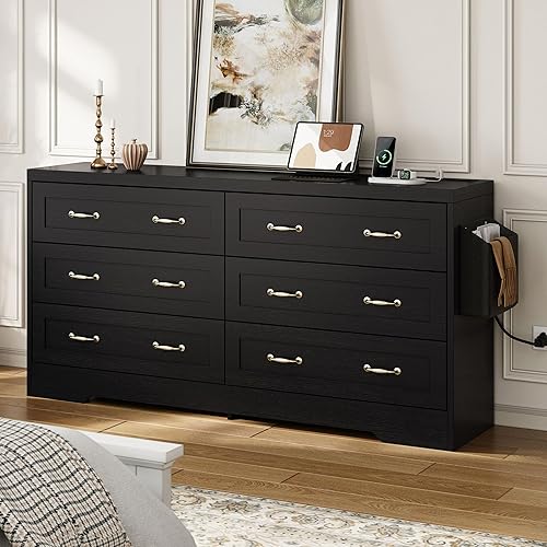 DWVO Black 6 Drawers Dresser, 59" Vintage Dresser Chest of Drawers with USB Charging Station and Organizer Bag, 6 Chest of Dressers with