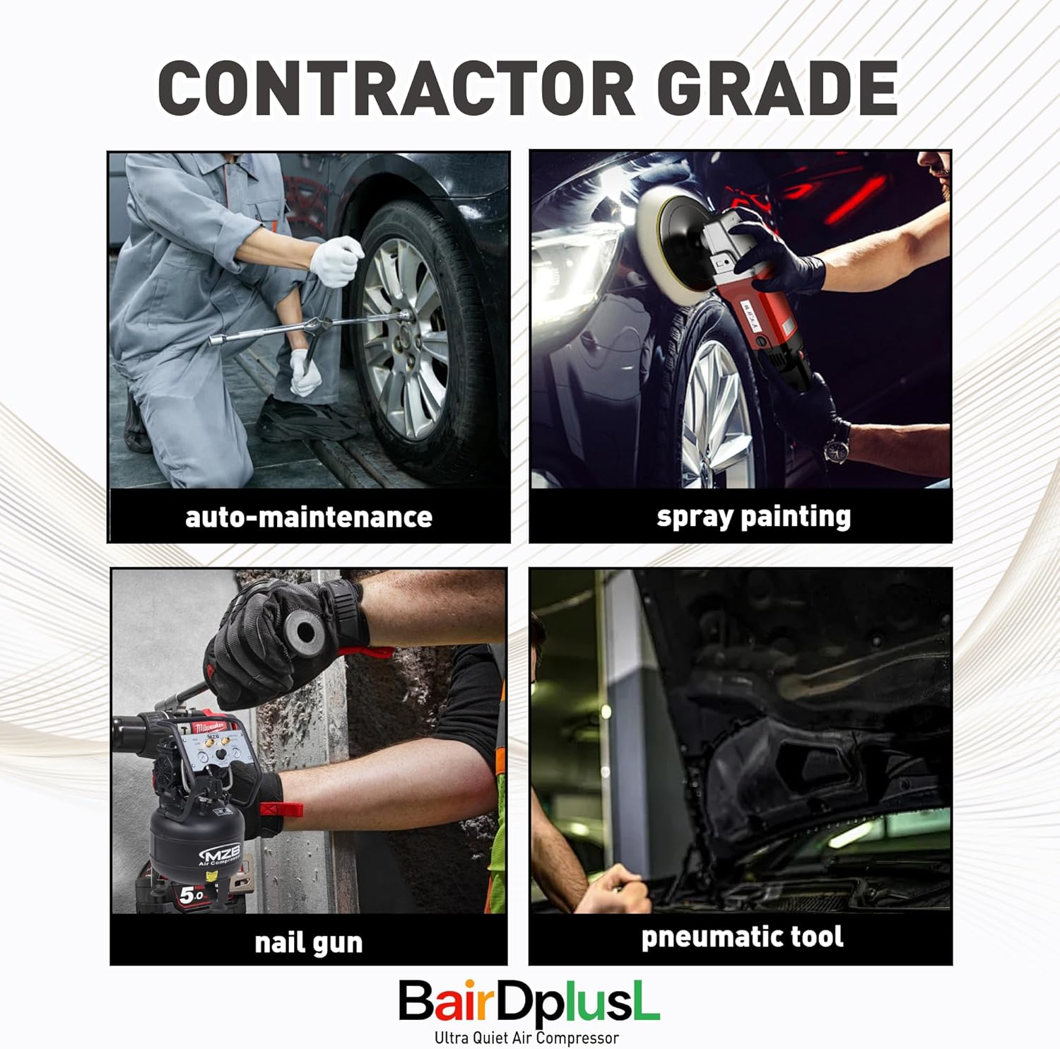 BairDplusL 8 Gallon Ultra Quiet Air Compressor 110V/60Hz 1.5HP 8.8CFM MAX 115PSI Steel Tanks Oil-Free 70dB Noise Level Light & Quiet Portable Air Compressor with Wheels for, Auto Repair