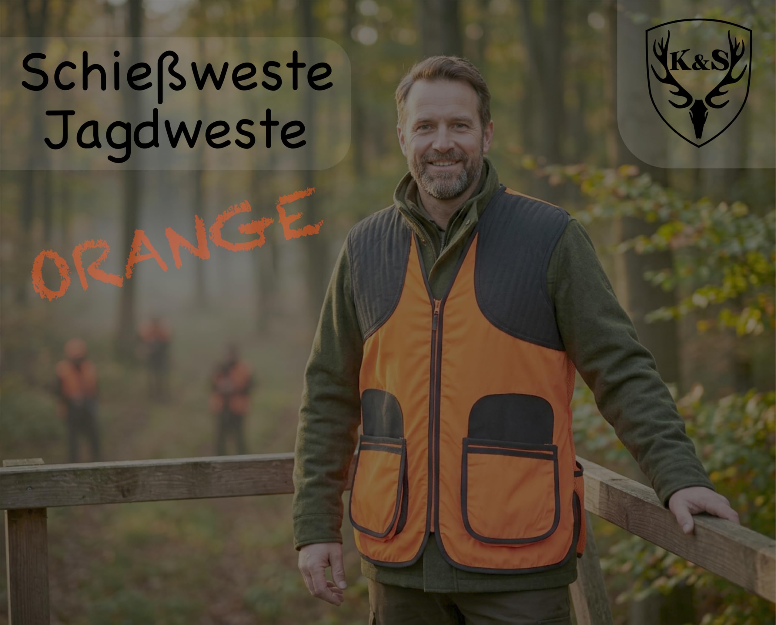 K & S Jagd Schießweste Herren Orange – Tontauben Skeet Trap Sportweste für Schießstand, Drückjagd & Ansitz – Atmungsaktive Jagdweste mit Patronentaschen