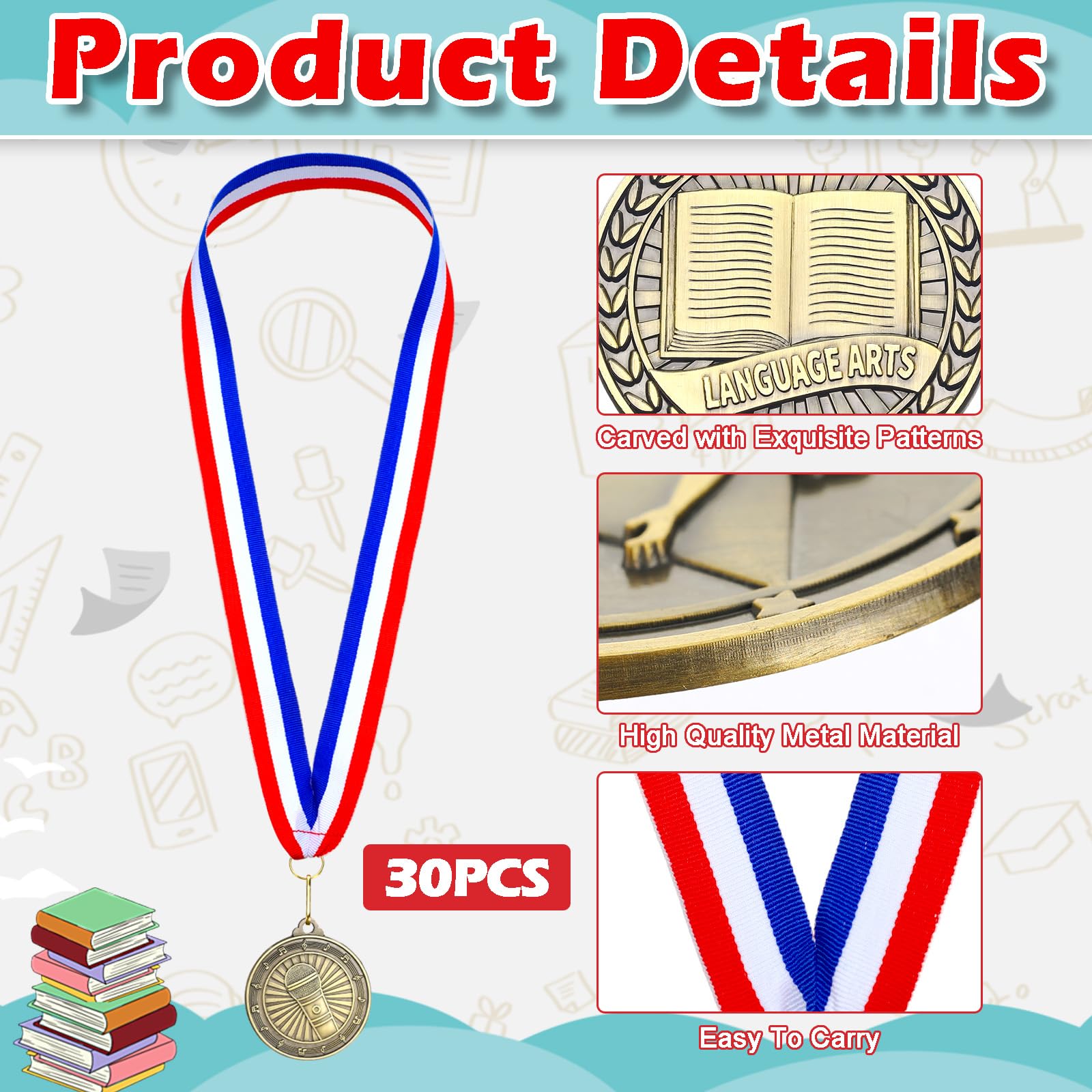 Quelay 30 medallas de premio de 2 pulgadas, medallas de oro a granel con cintas para el cuello, trofeo de metal, regalo para torneos, competiciones, fiestas, niños y adultos (artes lingüísticas)