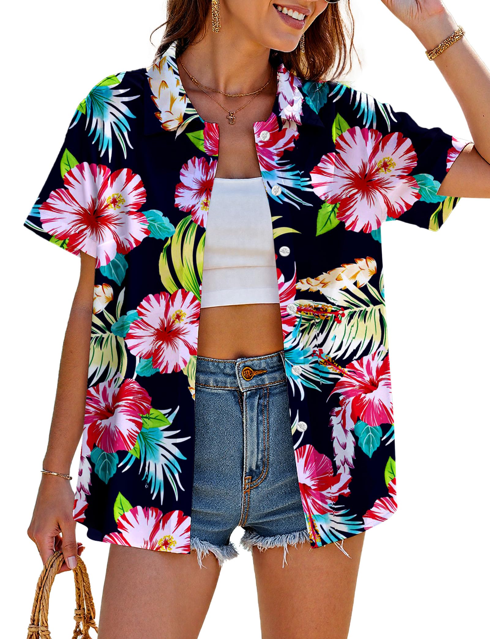 Women Hawaiian Shirt Soft Cool Summer Hawaii Shirts Floral Tropic Print V Neck T-Shirt