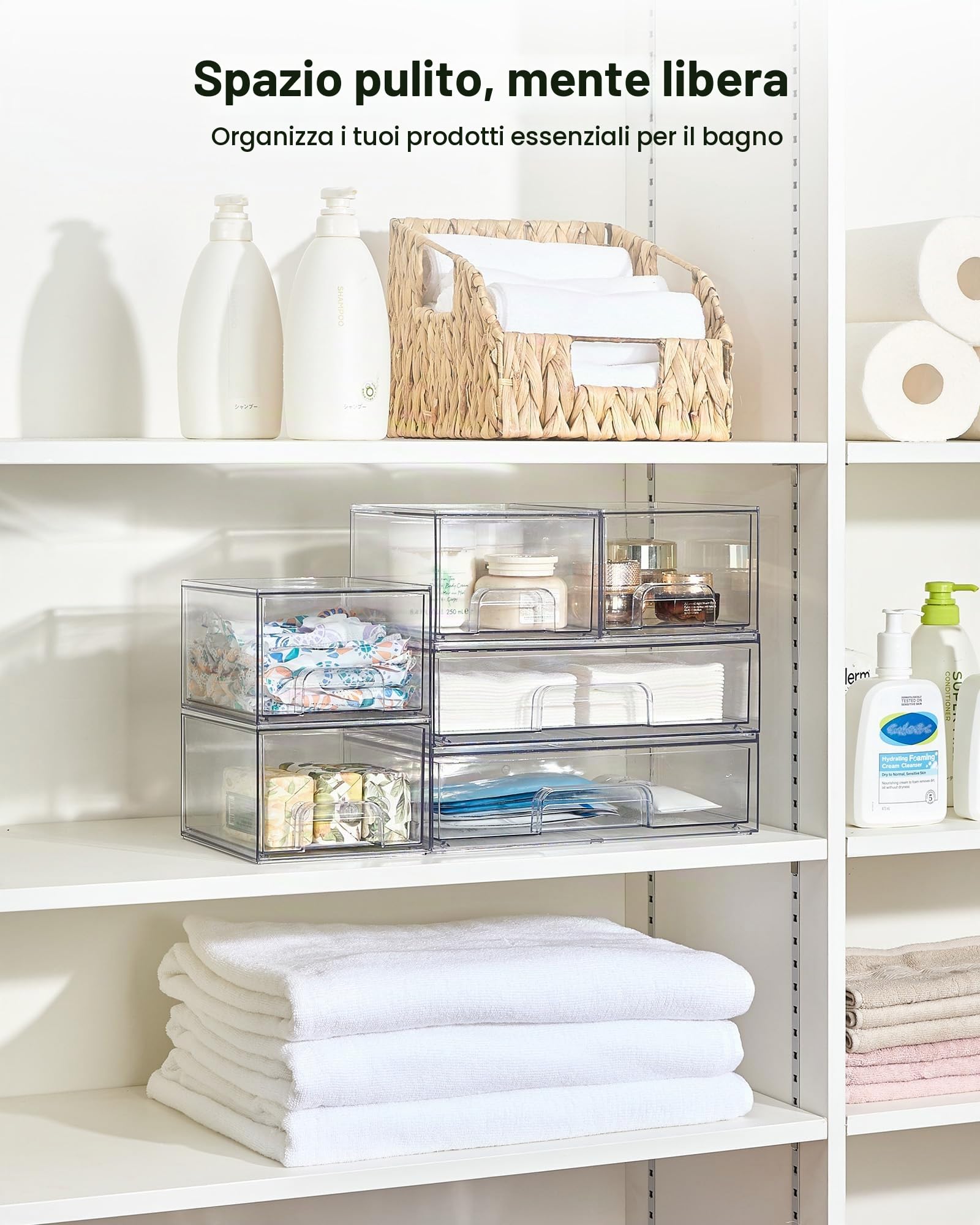 Vtopmart Set di 5 cassetti impilabili trasparenti in plastica per trucchi, cosmetici, articoli di bellezza, ideali per vanità, bagno, armadio, dispensa