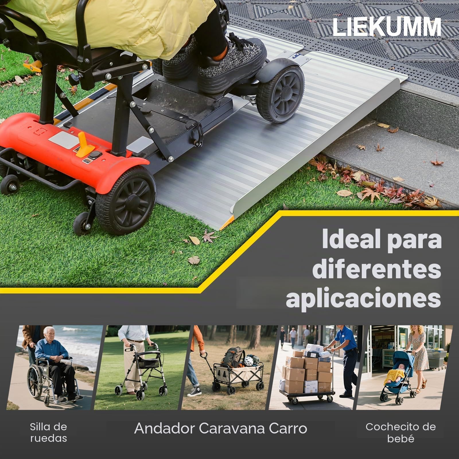 LIEKUMM Rampas para Silla de Ruedas Plegable 66 x 85 cm, Aluminio Rampa para Discapacitados para escaleras,Umbral, Capacidad 400 kg, Superficie Antideslizante