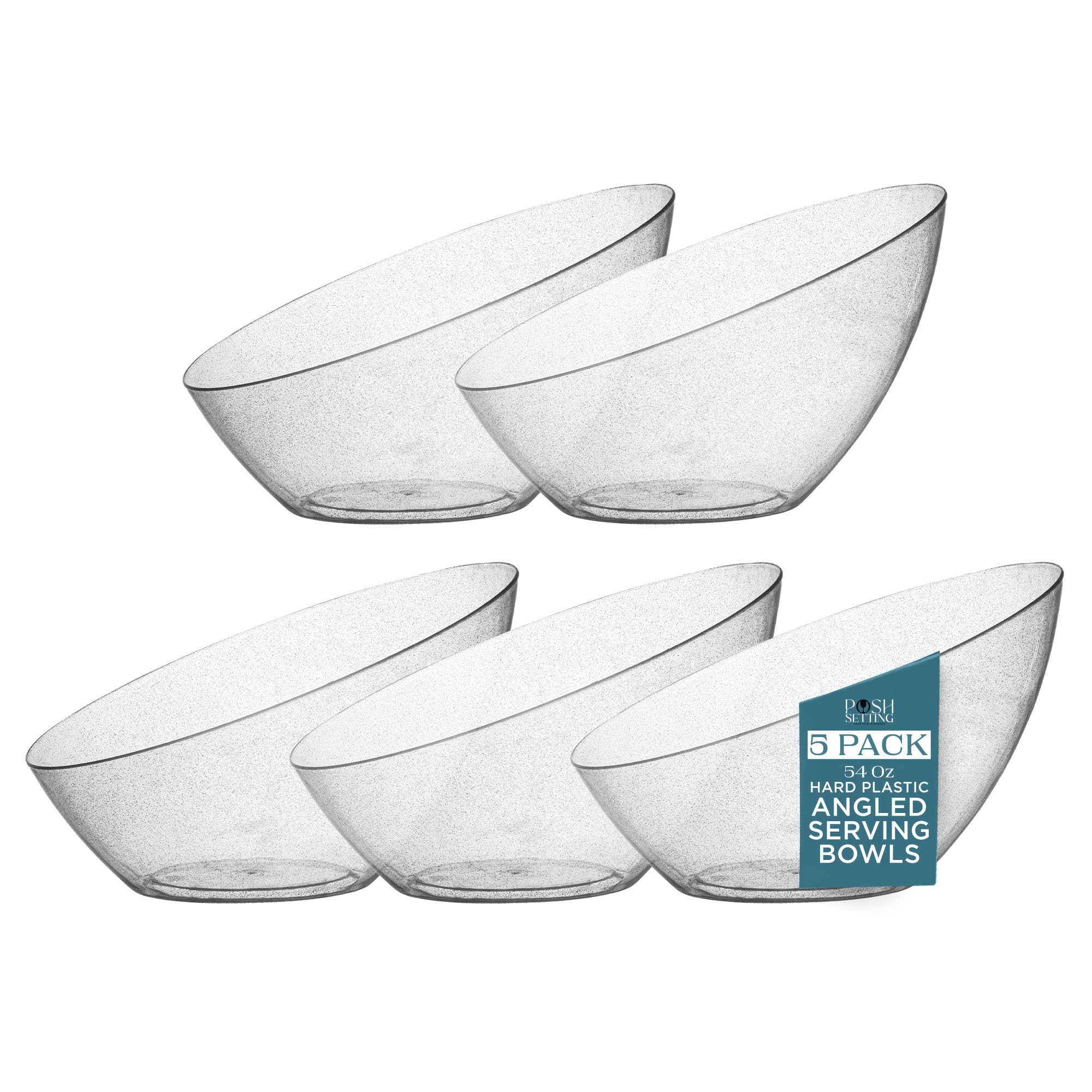 Posh Setting - Silver Plastic Serving Bowls Angled & Candy - Salad & Fruit Serving Bowls Wedding - 8 OZ, Glitter, 5 Pack