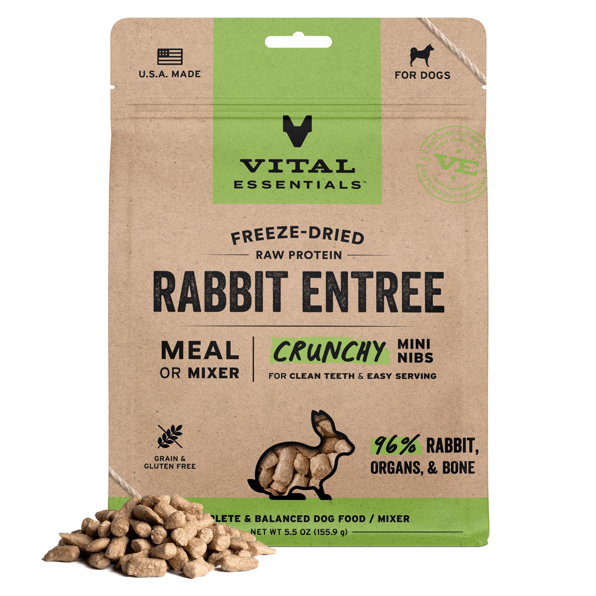 Vital Essentials Freeze Dried Dog Food, Raw Rabbit Crunchy Mini Nibs | Complete Meal or Topper | 96% Rabbit, Organs & Bone | Limited Ingredient, High