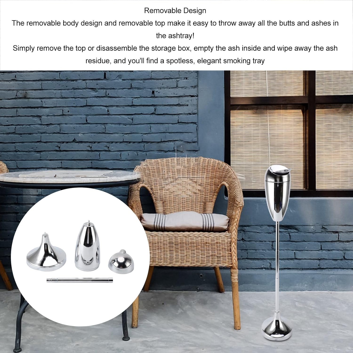 Adjustable Ashtray, Large Capacity Outdoor Standing Ashtray with Lid Self Cleaning Detachable Adjustable Height Floor Standing Ash Tray for Home Patio (Silver)