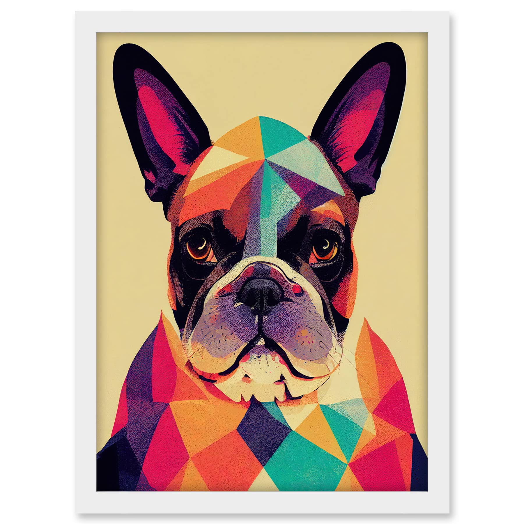 Wee Blue Coo Vibrant Colourful Geometric French Bulldog Portrait Design Artwork Framed A3 Wall Art Print
