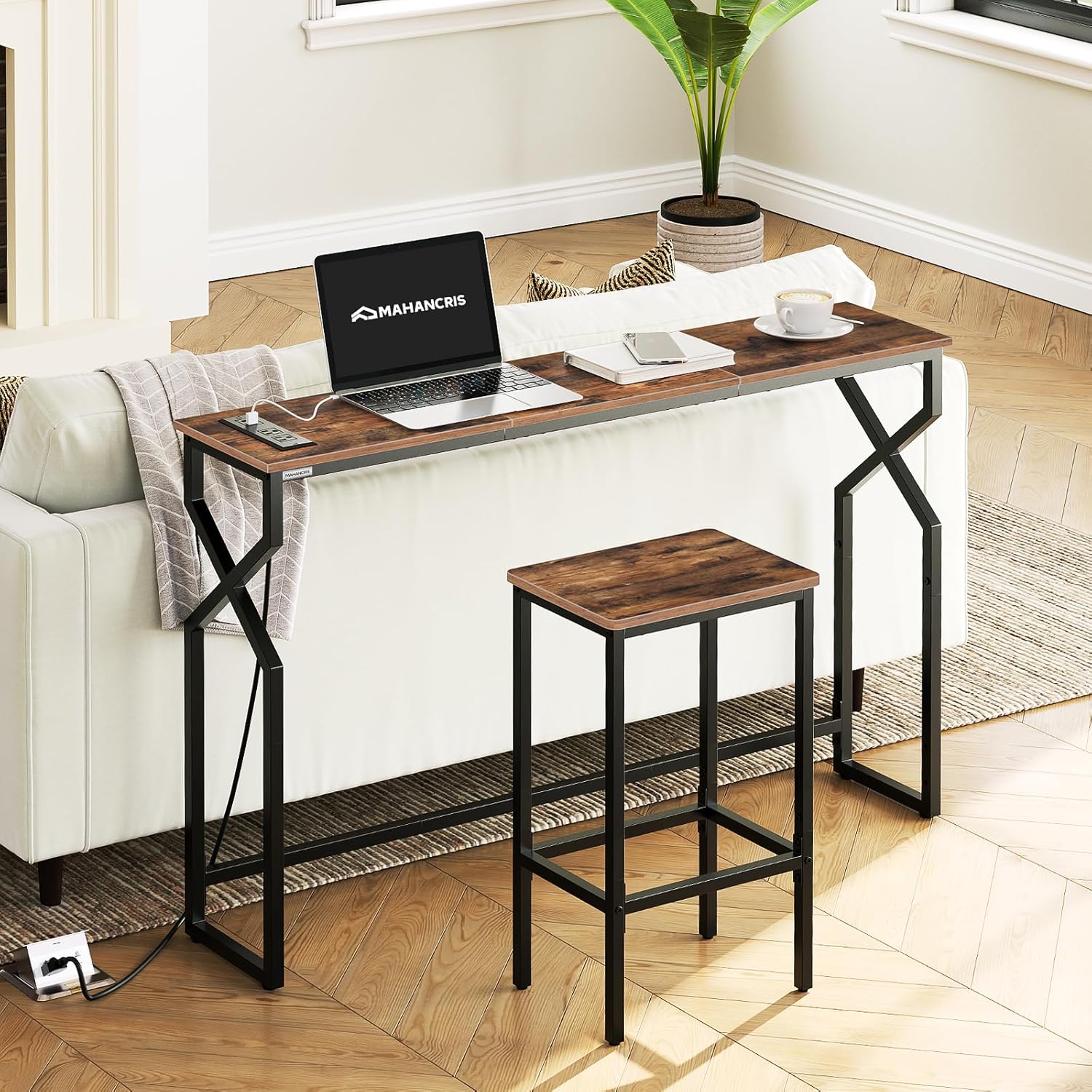 MAHANCRIS Sofa Console Table, 44.9" Entryway Table with Charging Station, Narrow Couch Table, Hallway Table, Sofa Table with USB Ports, Metal Frame, for Entrance, Living Room, Rustic Brown CTHR113E01