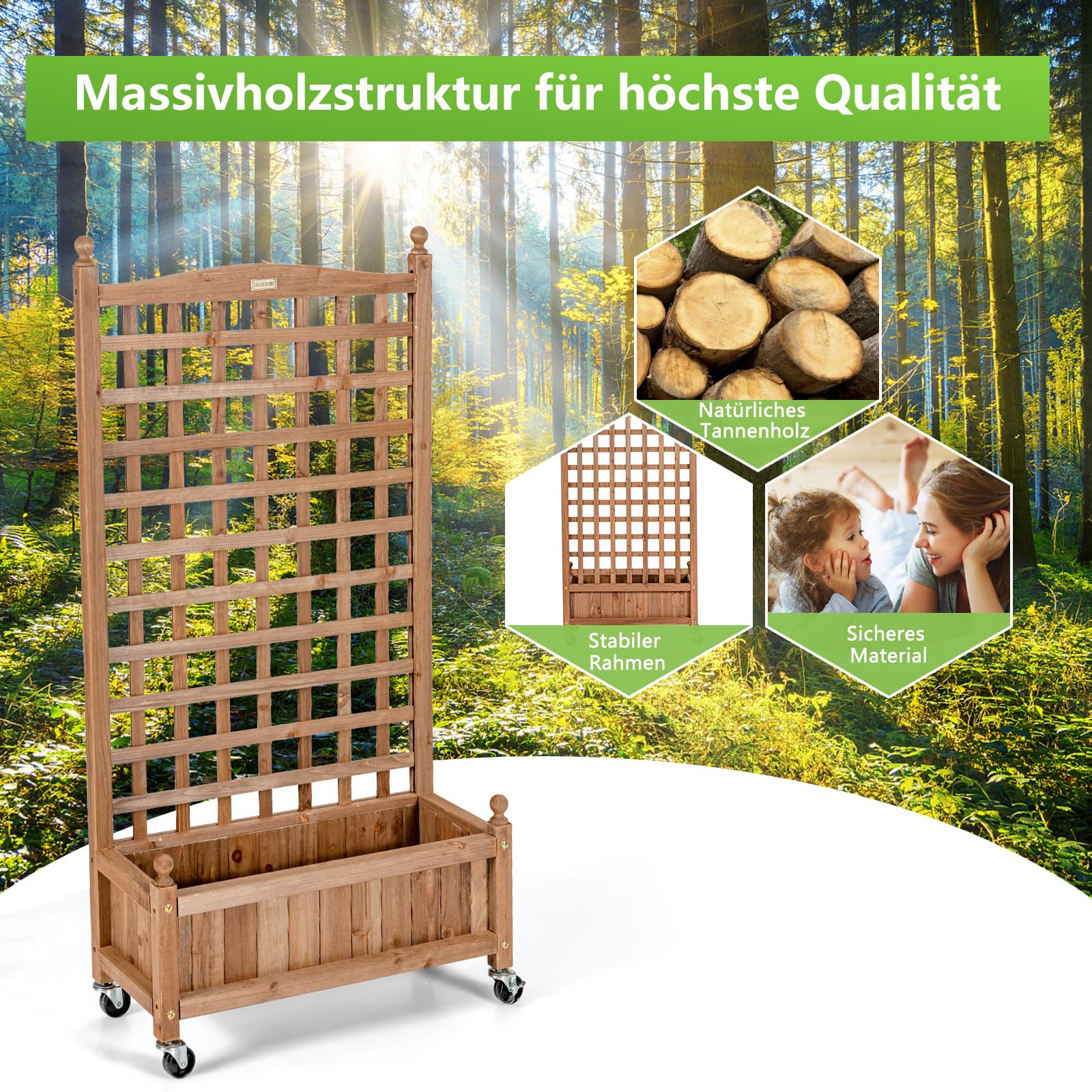 COSTWAY Skrzynka na kwiaty z kratką dla roślin pnących, drewniana skrzynka na rośliny, do roślin pnących, podwyższona grządka z pergolą, pergola ogrodowa z otworami drenażowymi, do ogrodu, na podwórko