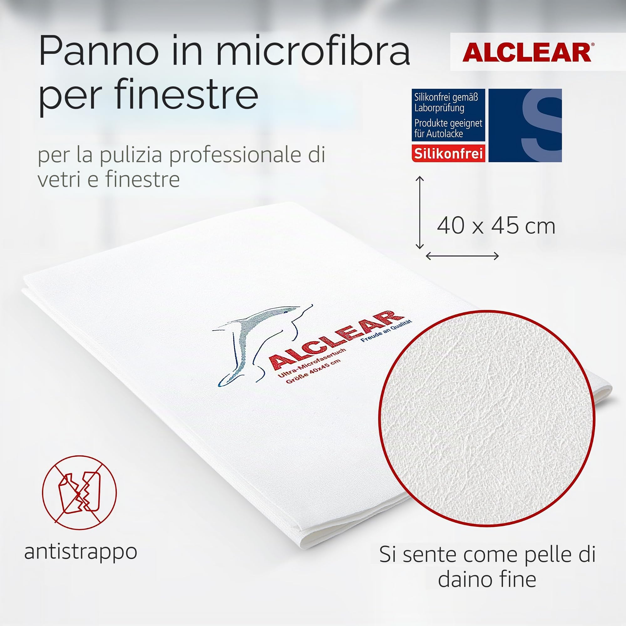 ALCLEAR 950001_5 panni in microfibra per vetri, 5 pz, 40×45 cm | Panni per vetri senza aloni, senza pelucchi, risparmia tempo senza asciugatura finale, designed in Germany, per casa e auto
