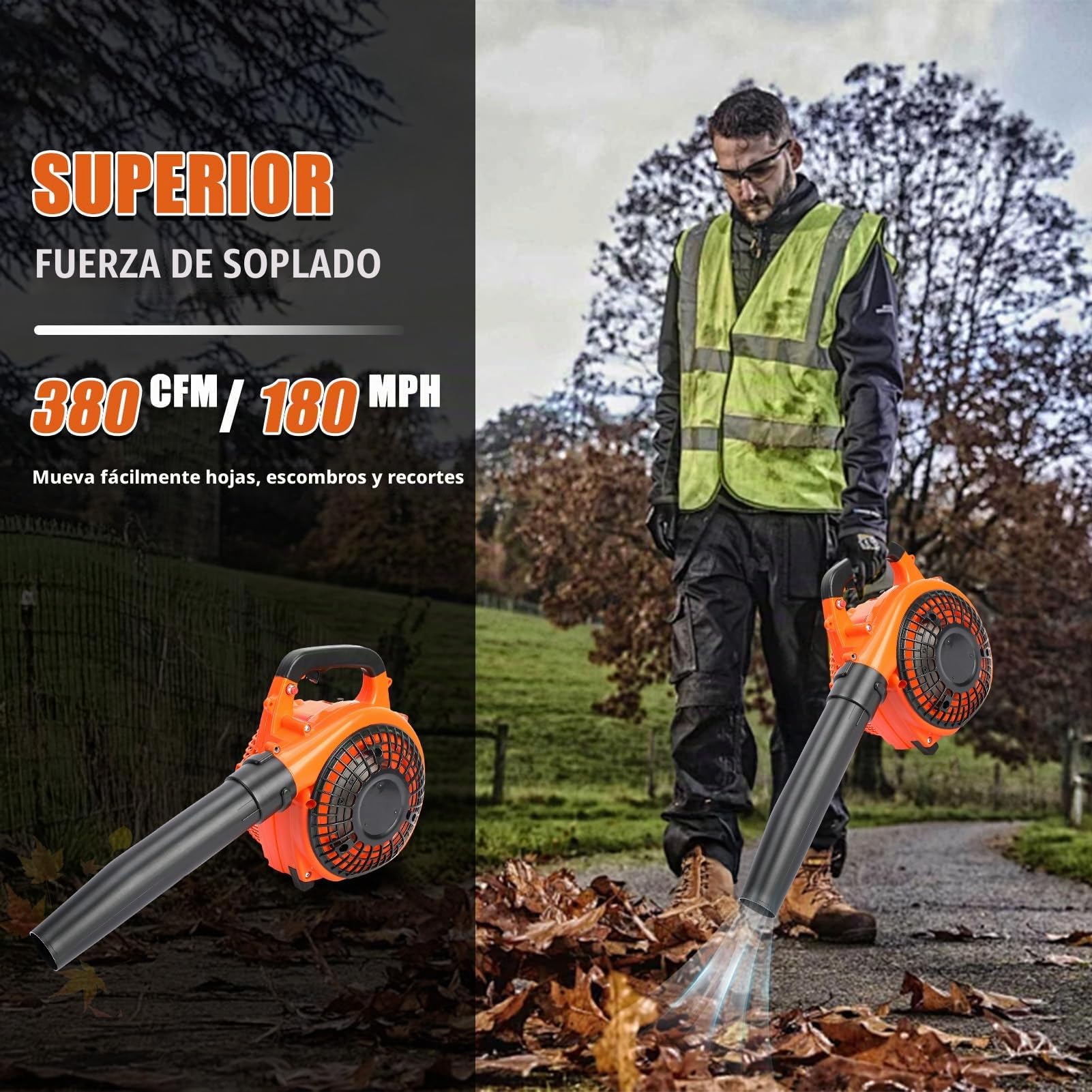 Soplador de Hojas de Gasolina, hasta 270 km/h, portátil, Ligero, soplador de Mano de 25.4cc, sin Cables, secador de jardín con Motor, Ideal para Caminos y Jardines (Naranja)