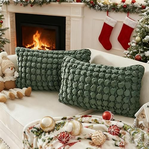 Miniatura 2 de Juego de 2 fundas de almohada rectangulares de terciopelo de 12 x 20 pulgadas, fundas decorativas para cojín con textura de burbujas para sofá,