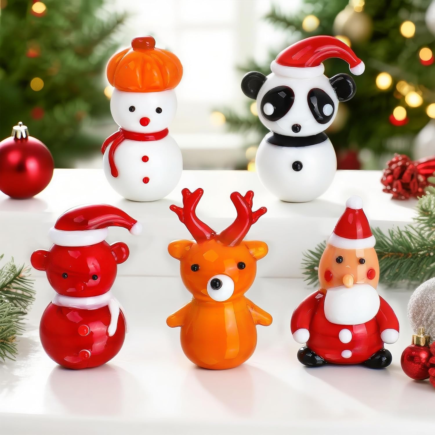 Set of 5 Mini Blown Glass Christmas Figurines Collectible Handmade Art Glass Christmas Figurines ...