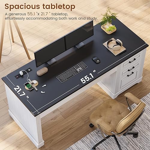 Miniatura 5 de Itaar Farmhouse - Escritorio ejecutivo de 55 pulgadas, escritorio para computadora con cajones de almacenamiento y toma de corriente, escritorio de
