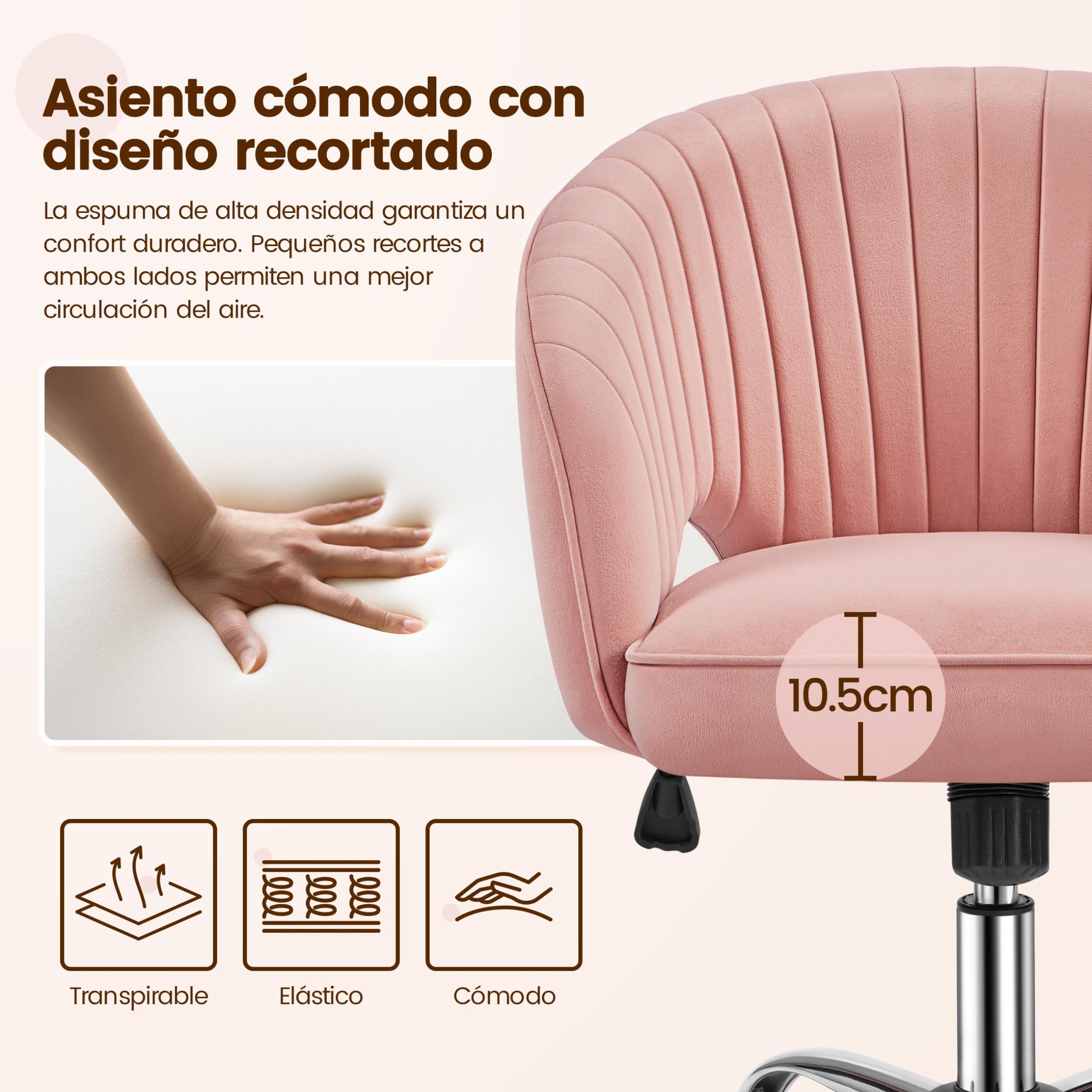 Yaheetech Silla de Oficina Silla de Terciopelo con Rudas Giratorias de 360° con Función de Inclinación Sillon para Trabajo Silla Altura Ajustable Tapizada de Terciopelo Rosa