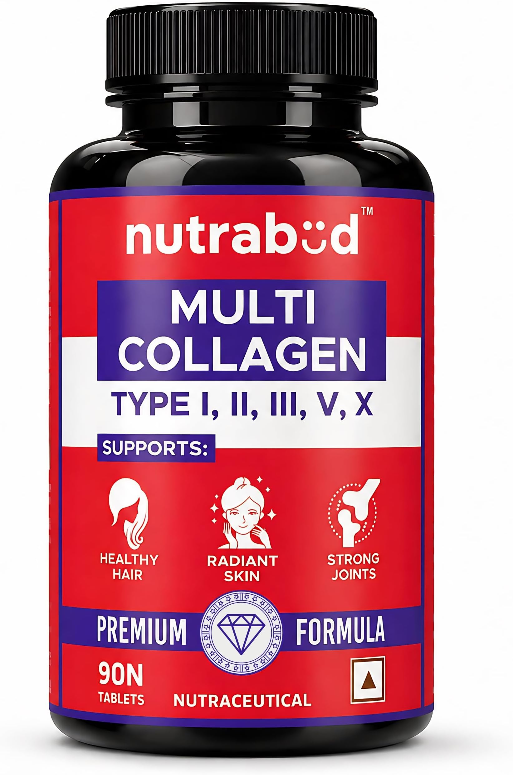 Nutrabud Multi Collagen Complex Supplement for Women, Men - 90 Tablets - Hydrolyzed Peptides with all 5 Types of Collagen Including TYPE I, II, III, V & X (90 Count (Pack of 1), Unflavoured)