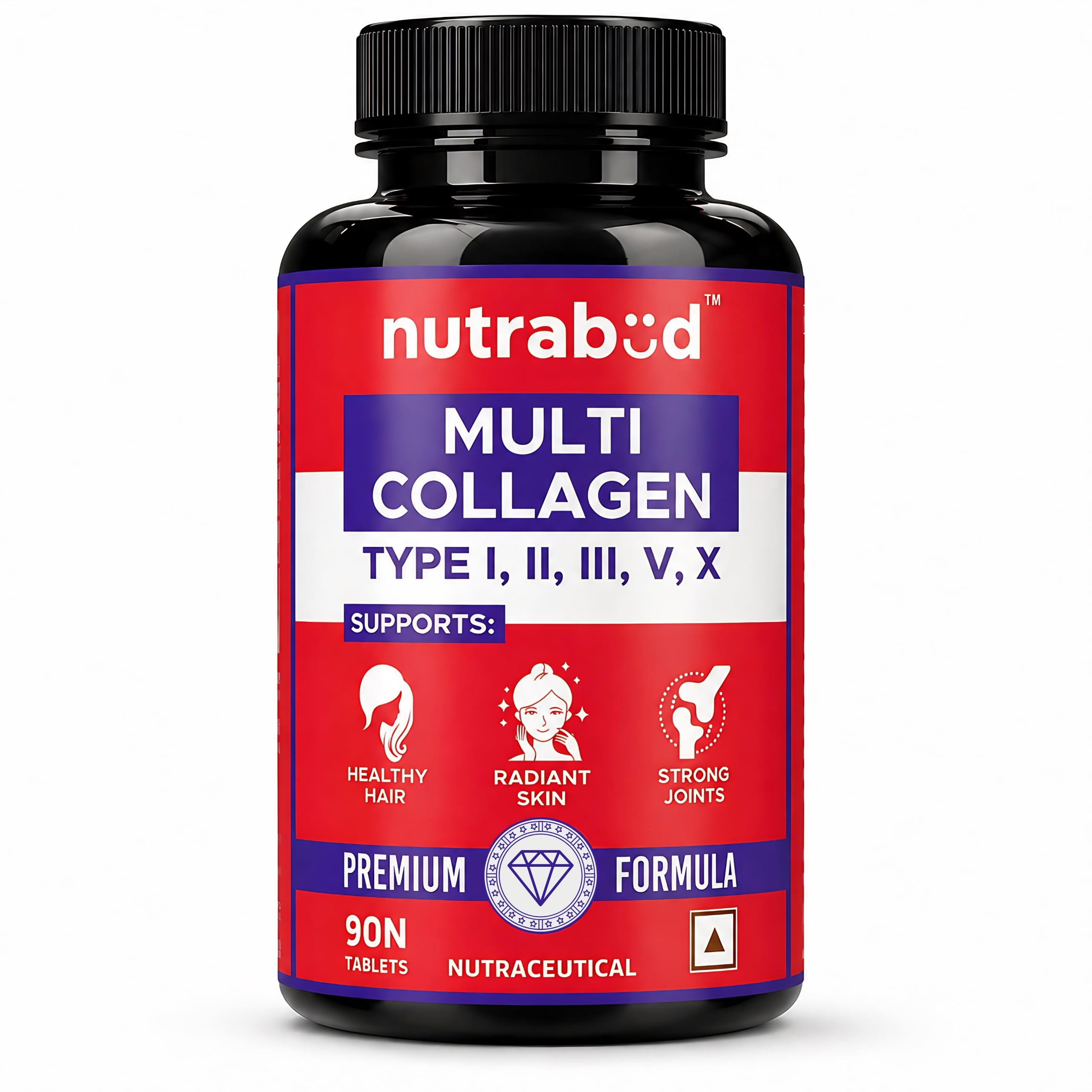 Nutrabud Multi Collagen Complex Supplement for Women, Men - 90 Tablets - Hydrolyzed Peptides with all 5 Types of Collagen Including TYPE I, II, III, V & X Collagen Powder (90 Count (Pack of 1), Unflavoured)